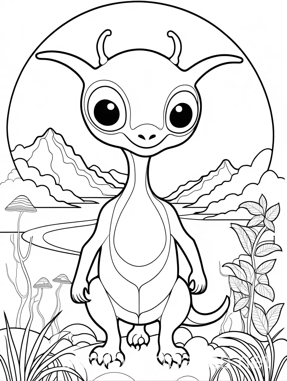 alien zoo animal, Coloring Page, black and white, line art, white background, Simplicity, Ample White Space. The background of the coloring page is plain white to make it easy for young children to color within the lines. The outlines of all the subjects are easy to distinguish, making it simple for kids to color without too much difficulty