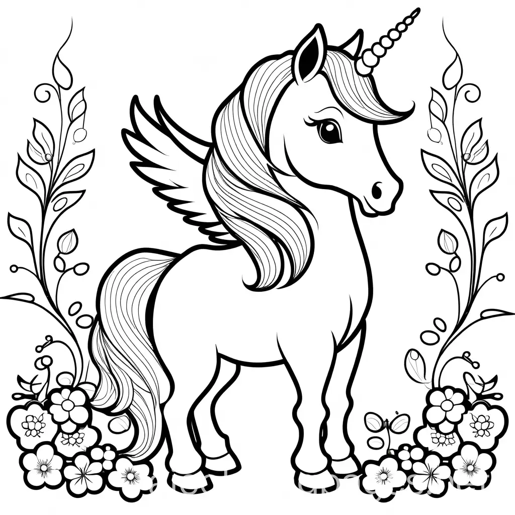 Pretty unicorn bow in mane, playful and whimsical, plain background white. No shading, lines must be wide so to allow colouring, butterflies and flowers around, Coloring Page, black and white, line art, white background, Simplicity, Ample White Space. The background of the coloring page is plain white to make it easy for young children to color within the lines. The outlines of all the subjects are easy to distinguish, making it simple for kids to color without too much difficulty
