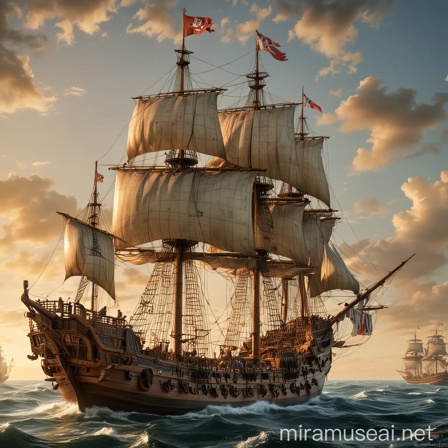 Historical Caravel Ship Sailing Across Vast Ocean Waters