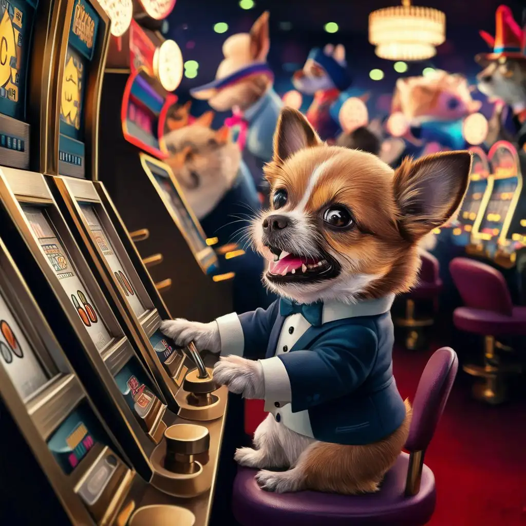 addicted dog playing slot machines in a casino