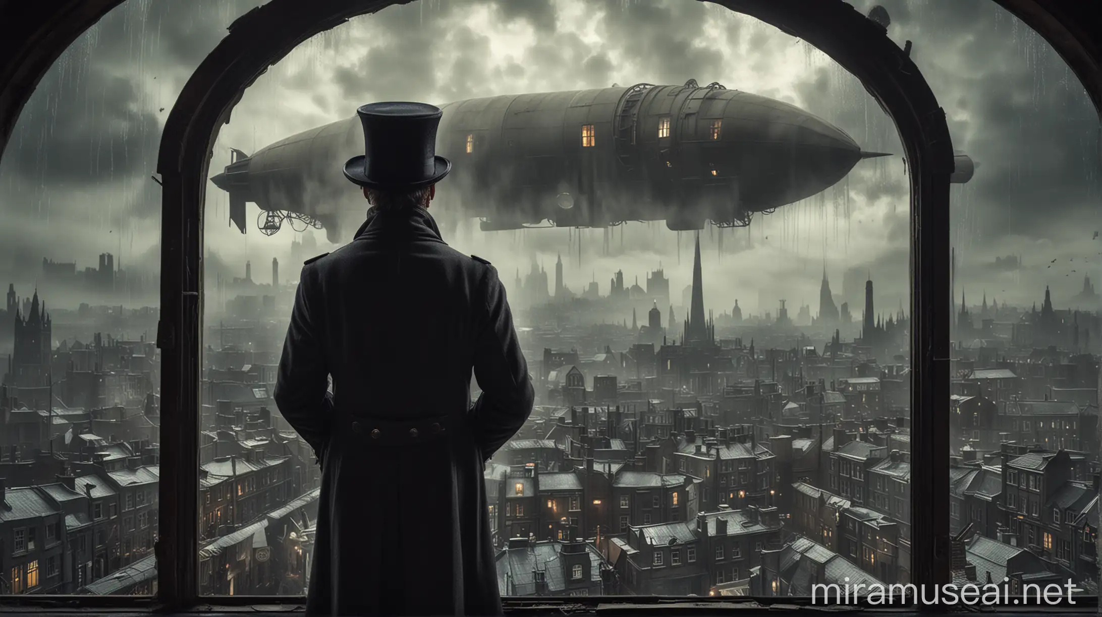 an aristocratic victorian man from behind wearing a overcoat and top hat looking through a giant window showing an entire large steampunk city, victorian towers, zeppelins airships in the sky and trains at a dark foggy rainy night.