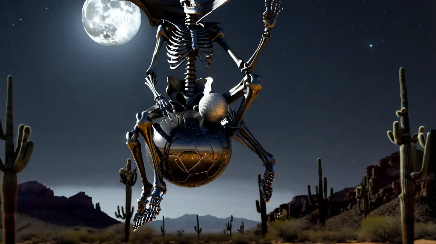 ULTRA REALISTIC high definition, 3 skeletons are flying, through the night skies of the Sonoran desert, on their silver balls, full body, riding their orbs (balls) between their legs and sitting on them with them between their thighs (skeleton grips the ball with its thighs like  through the night sky racing through the clouds on a dark moonlit night with the orb between its legs, in cinematic lighting
