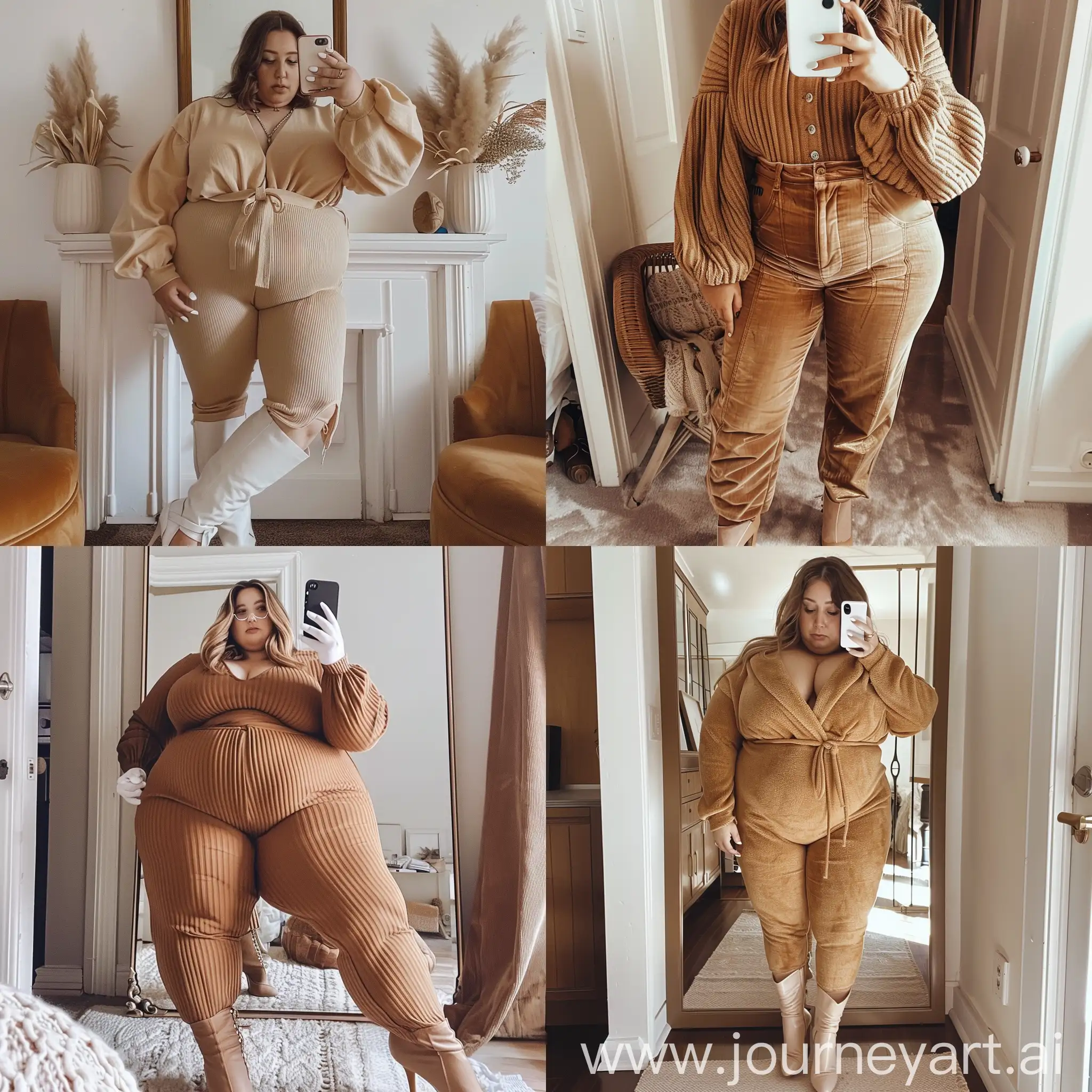 Aesthetic full body Instagram photo: fashion blogger mirror selfie, fat, trendy clothed, woman, 20's, white gel nail polish, heeled boots, brown warm color tones