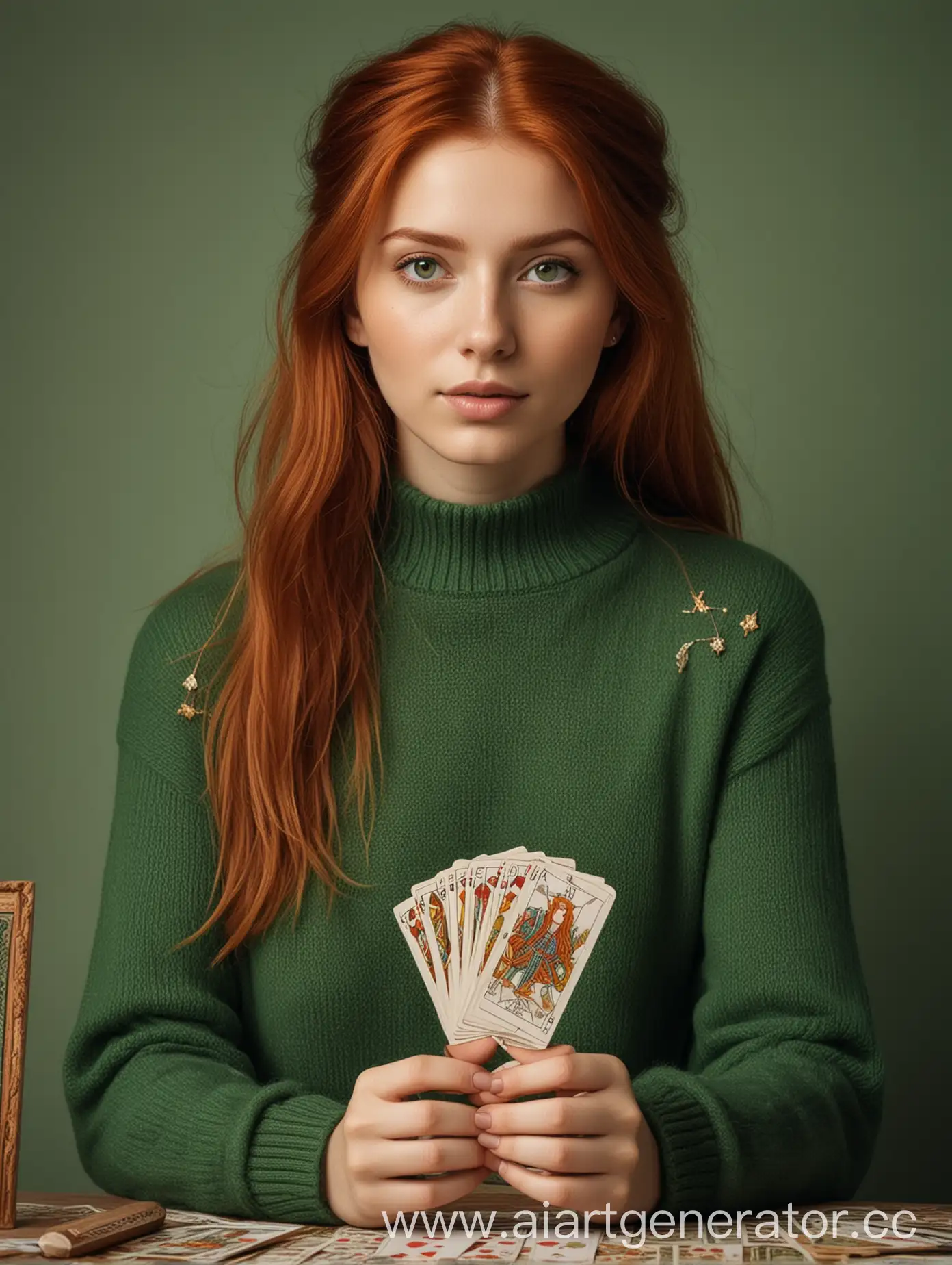 RedHaired-Girl-Holding-Tarot-Cards-in-Green-Sweater