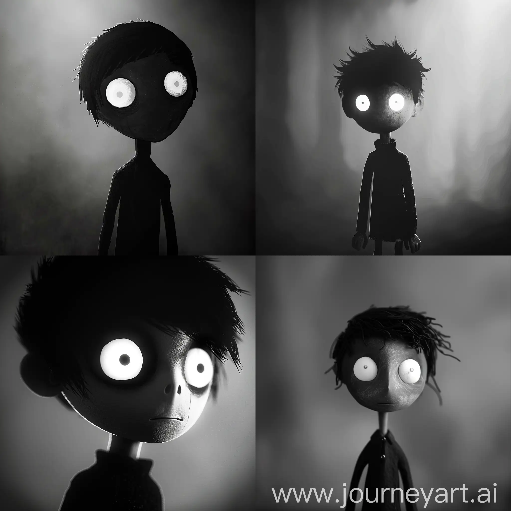 черно-белый, маленький по размеру мальчик, с белыми глазами, похожий на главного персонажа игры Limbo