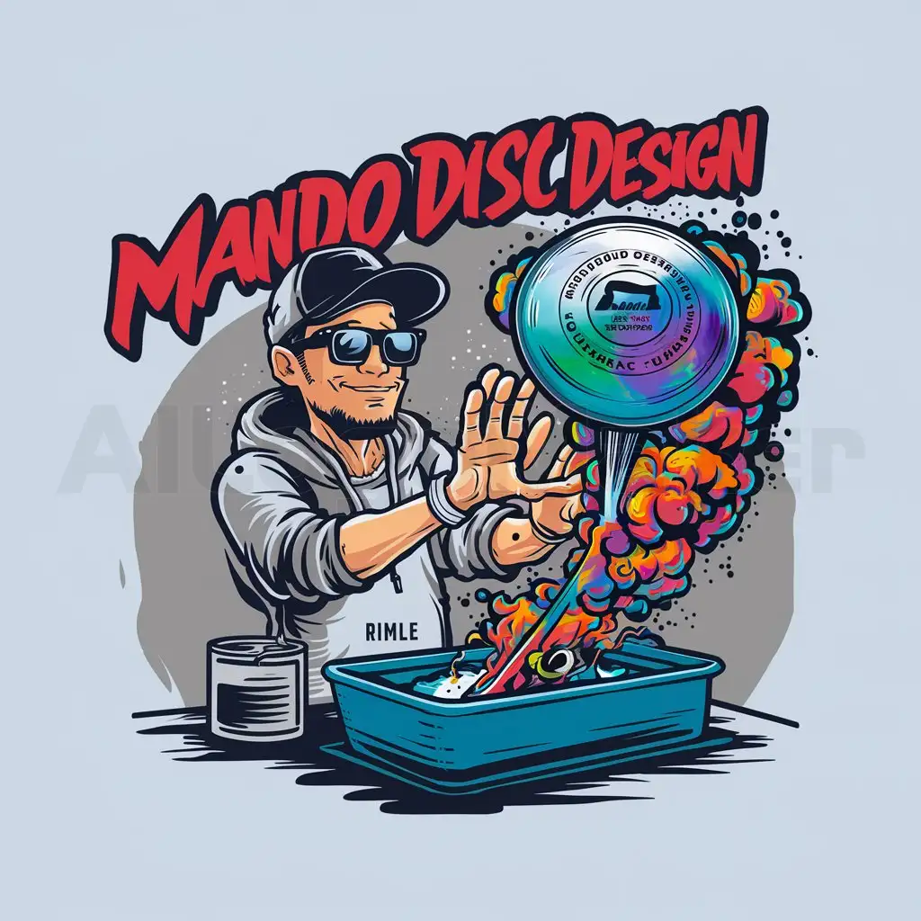 a logo design,with the text "Mando disc design", main symbol:Bright deep splashy colors, edgy trendy graffiti alchemy style design and text, a  alchemist character with shades and a ball cap casting spells with his hands to conjure a custom dyed golf disc to rise out of a chemical tray into the air. The custom dyed golf disc has swirls of color, A graffiti alchemist scene of frenzied paint flying and splattering. Swirling clouds of color ,Moderate,clear background