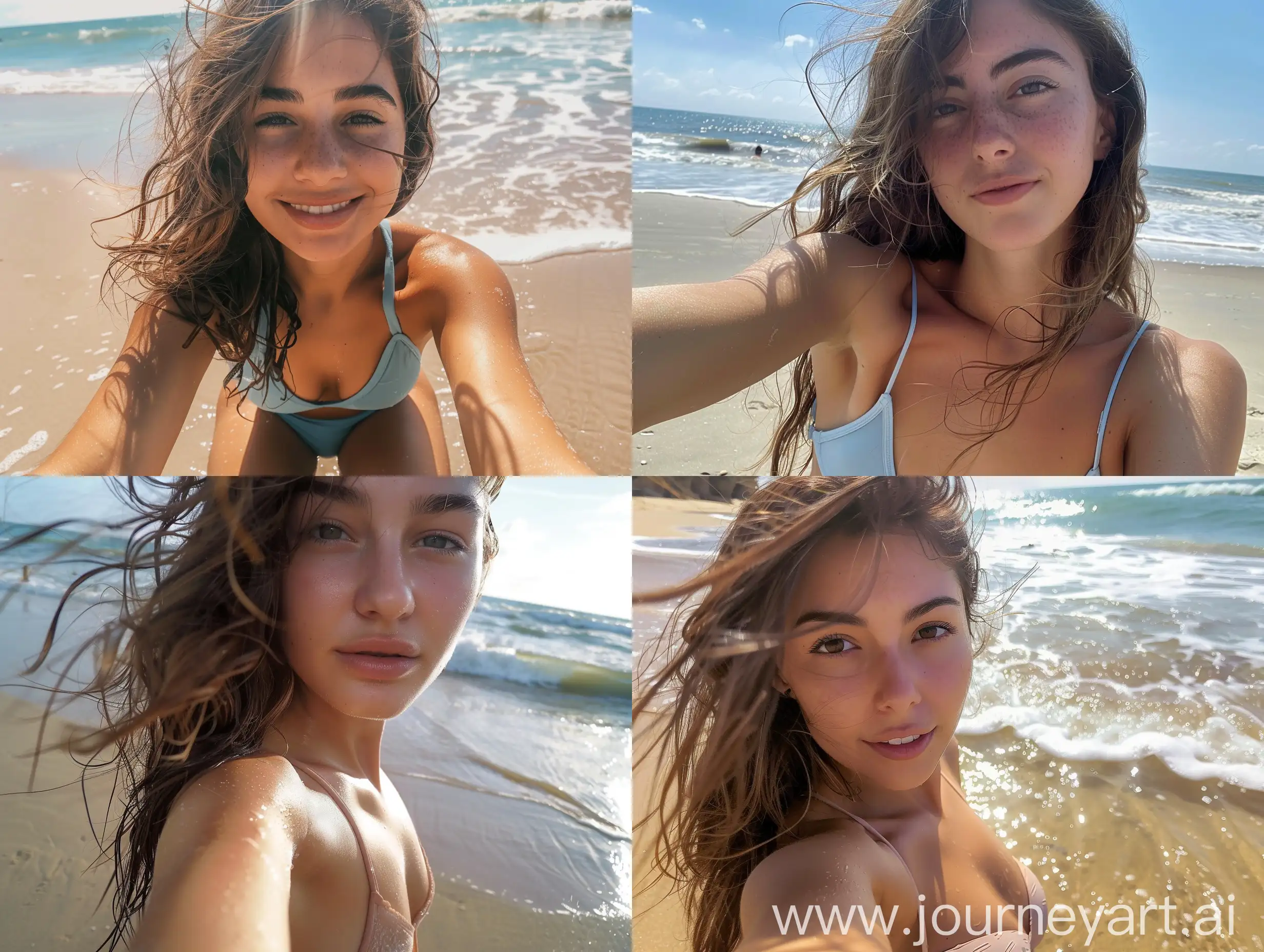 Close up selfie of a girl at the beach, one-piece bathing suit
