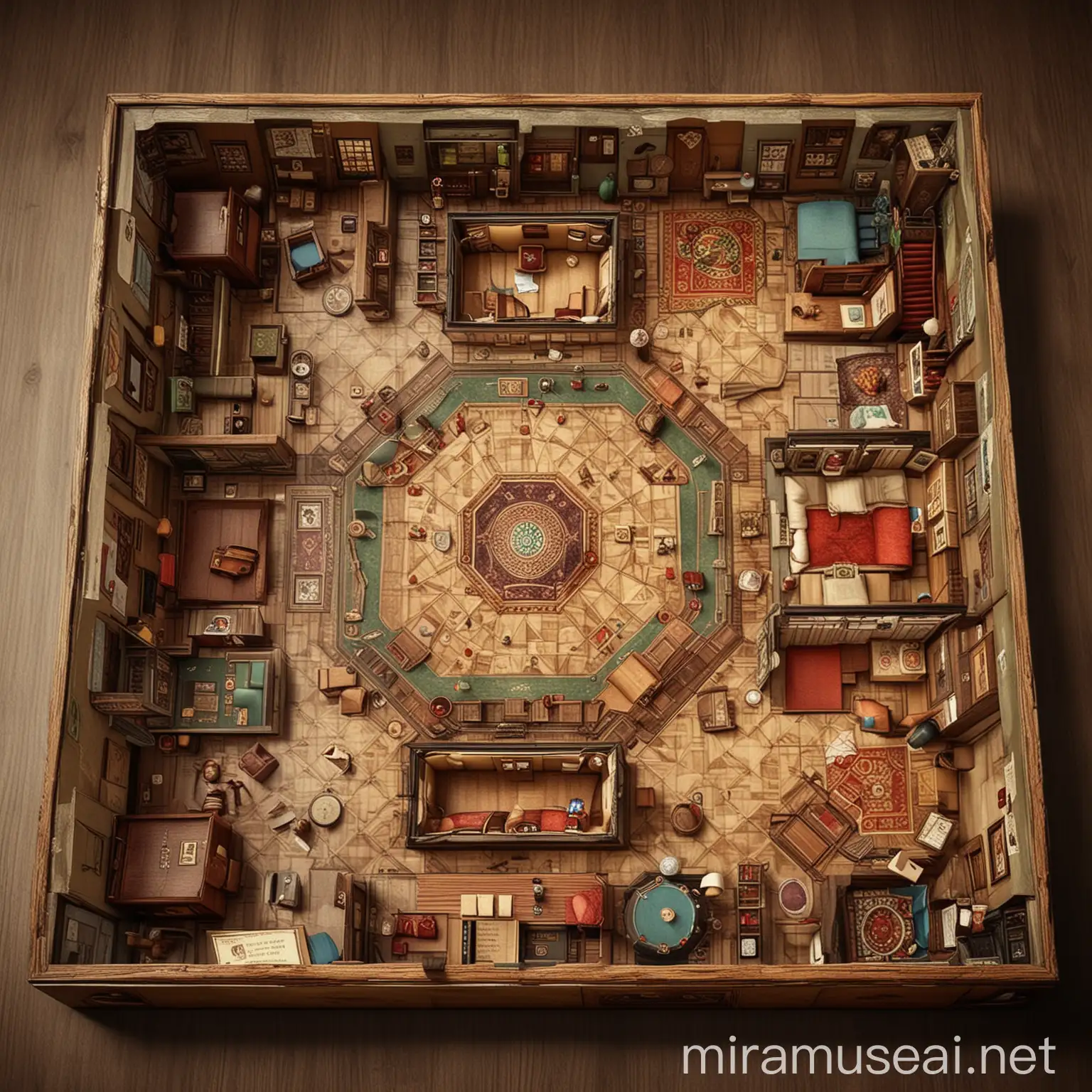 Crear imagen realista de tablero de juego de mesa estilo Cluedo, el juego estará inspirado en la feria de Posadas (Cordoba), las habitaciones del tablero seran las casetas de feria