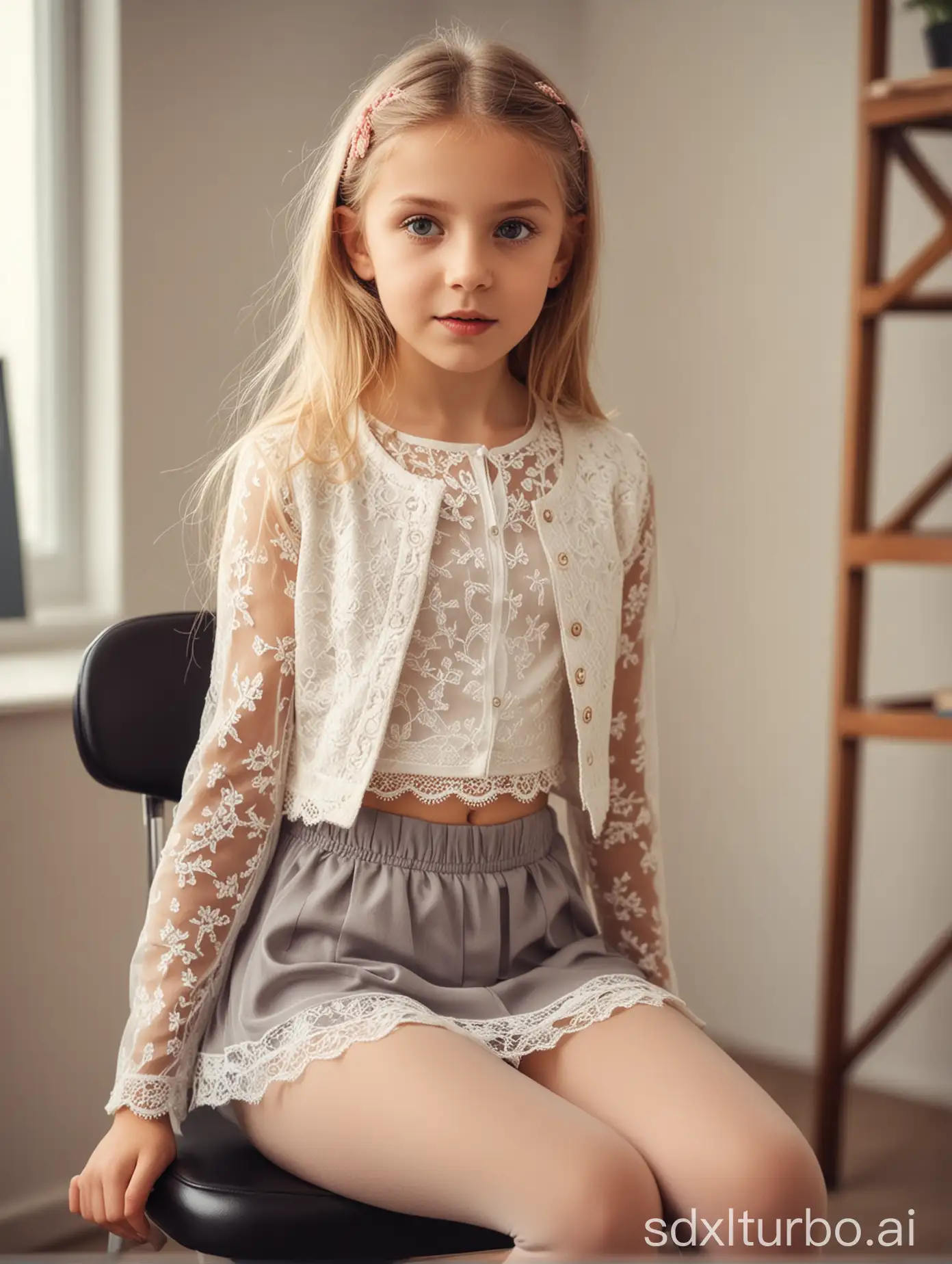7 year old girl, lace crop top, open jacket, mini skirt, sheer plain glossy tights, sitting in the office, soft focus