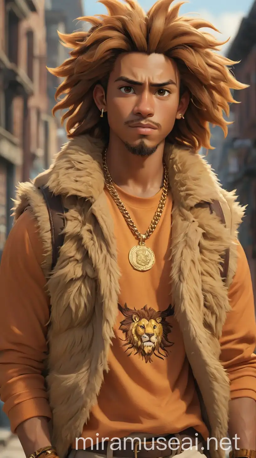 A charismatic and athletic young man with caramel-colored skin that radiates warmth, and his bright sun-like eyes exude confidence and determination. His chestnut brown hair is styled into a spiky mane, reminiscent of a lion's mane, framing his face with wild charm. He carries himself with a regal posture, embodying the courage and strength of his lineage. He have very sharp fingernails and fangs His outfit seamlessly blends elements of 2020s Y2K, rap, urbancore, hypebeast, jock, and Wonderland aesthetics, with nods to lion elements and symbols of courage. He wears an Odeneo long-sleeved light orange shirt, complemented by a brown winter vest adorned with faux lion fur trim, adding both style and warmth to his ensemble. For bottoms, he rocks a pair of white ripped jeans that showcase his toned legs, while a long belt wrapped around his waist hangs loosely like a lion's tail, completing his fierce look. On his feet, he sports black combat boots with sturdy soles, providing both style and functionality for his adventures in the school halls and beyond. The Young Man's accessories include a courage medal pendant hanging from a thick gold chain around his neck, symbolizing his bravery and valor. He also wears a crown-shaped snapback hat with intricate embroidery, serving as a reminder of his royal lineage and commanding presence. Overall, The Young Man's outfit reflects his bold and fearless nature, blending urban flair with regal elegance and a touch of animalistic power. It's a look that commands attention and respect, showcasing his strength and determination to overcome any challenge that comes his way. 