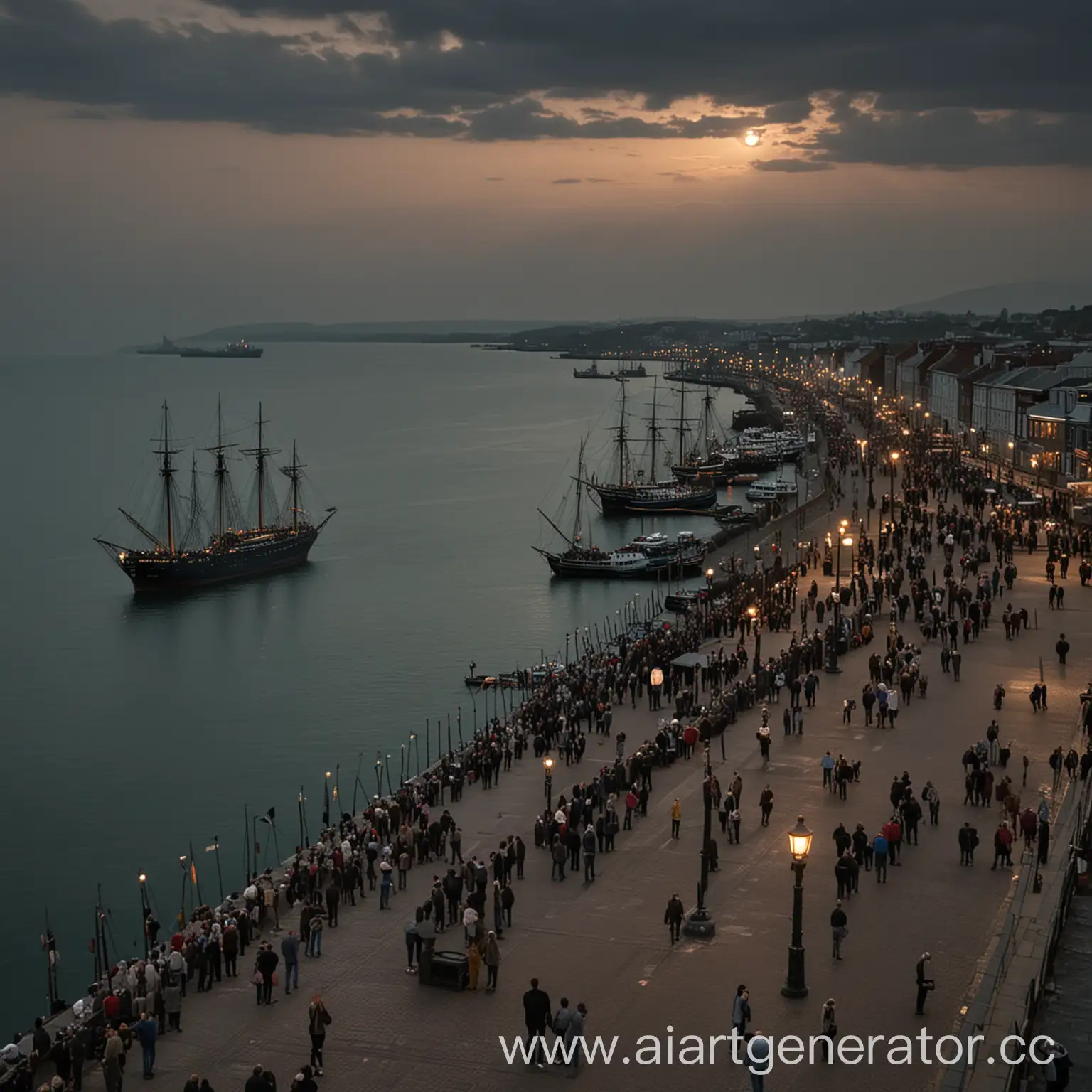 Evening-Scene-Port-Town-Embankment-with-Moored-Ships