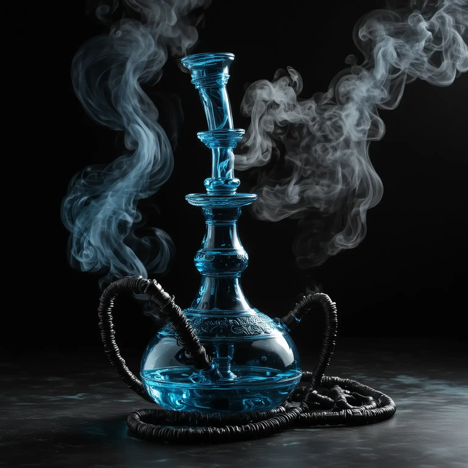 a transparent blue water hookah with smoke in the foreground and a black background