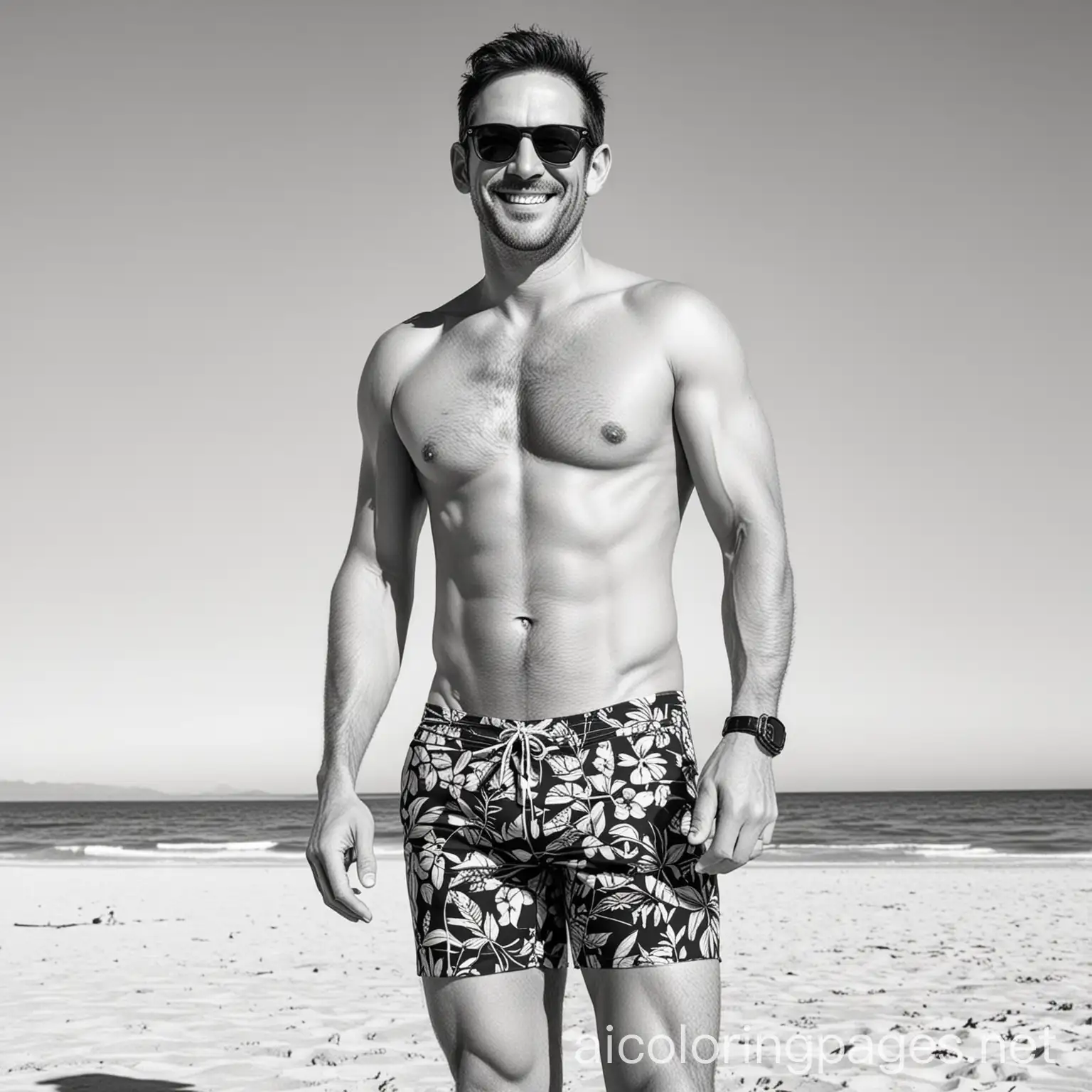 Smiling-Man-in-Swimsuit-on-Beach-Black-and-White-Line-Art