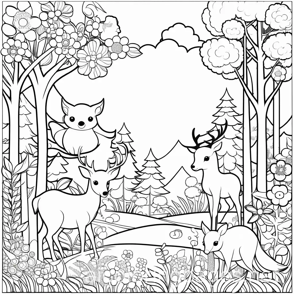 coloring book for kids with different cute animals and a forest in background with many flowers, Coloring Page, black and white, line art, white background, Simplicity, Ample White Space. The background of the coloring page is plain white to make it easy for young children to color within the lines. The outlines of all the subjects are easy to distinguish, making it simple for kids to color without too much difficulty