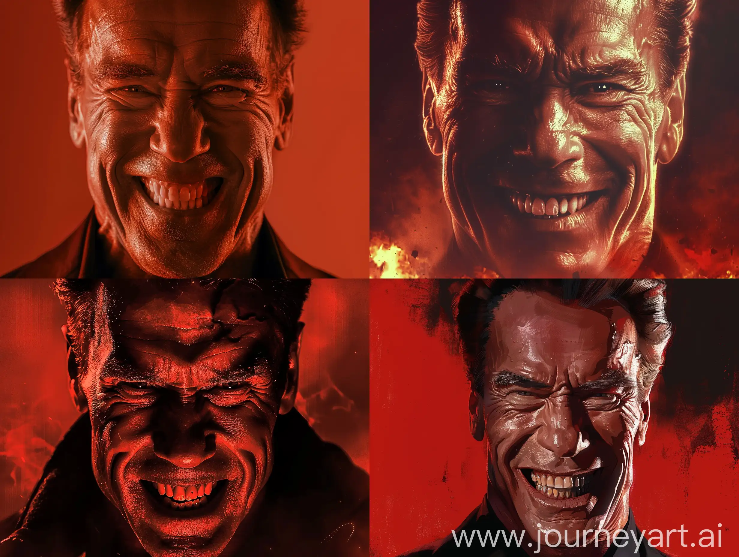 YouTube thumbnail depicting the concept 'Dark Side of Being Famous: Arnold Schwarzenegger'. The thumbnail should prominently feature Arnold Schwarzenegger with a villainous smile, not showing teeth. The image should be detailed and realistic, conveying the dual nature of fame and its potential darker aspects, without any text overlaid on the thumbnail. The background should be neutral to emphasize Schwarzenegger's expression and devilish features, with a reddish color tone, The head turns slightly to the left, half body