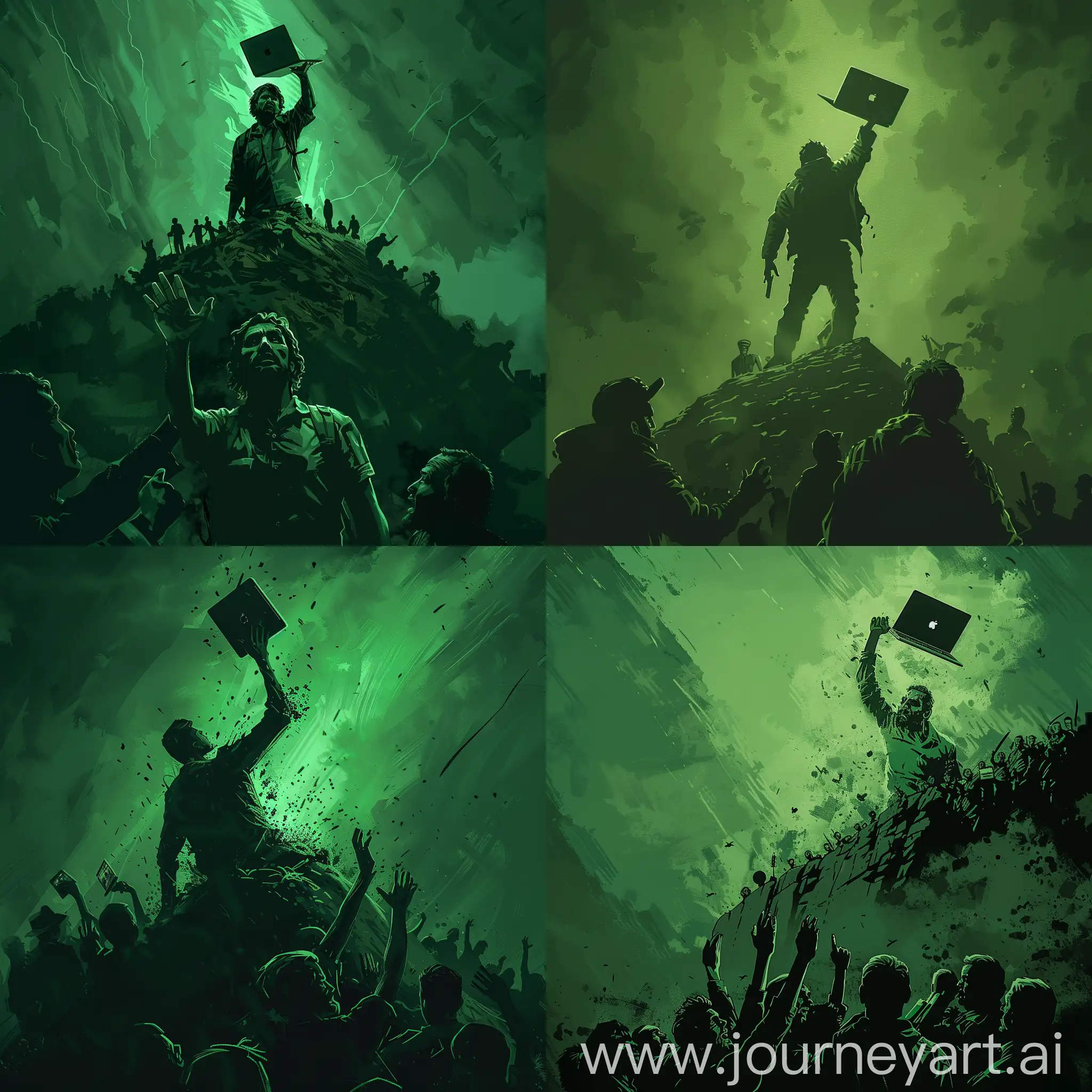 man with a macbook lifting with his left hand, he is on top of a hill and below is a crowd looking at him Digital art style with a green tone with high detail in a cartoon-like style, soft lighting, movie poster, digital art, 3 mafia mans,. A dark atmosphere is depicted.--ar 16:9 --v 6.0