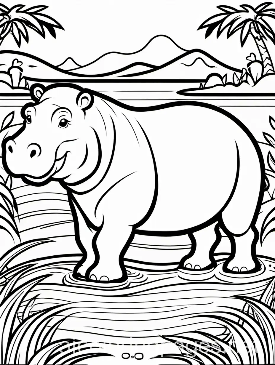 hippopotamus, Coloring Page, black and white, line art, white background, Simplicity, Ample White Space. The background of the coloring page is plain white to make it easy for young children to color within the lines. The outlines of all the subjects are easy to distinguish, making it simple for kids to color without too much difficulty