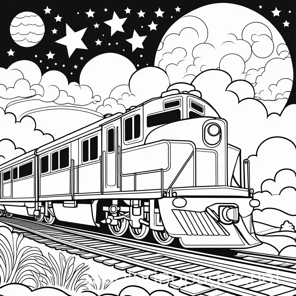 stream train in coloring book style, open plains, pencil drawing, moon and stars, high-quality, coloring book style, pencil, clouds, Coloring Page, black and white, line art, white background, Simplicity, Ample White Space. The background of the coloring page is plain white to make it easy for young children to color within the lines. The outlines of all the subjects are easy to distinguish, making it simple for kids to color without too much difficulty