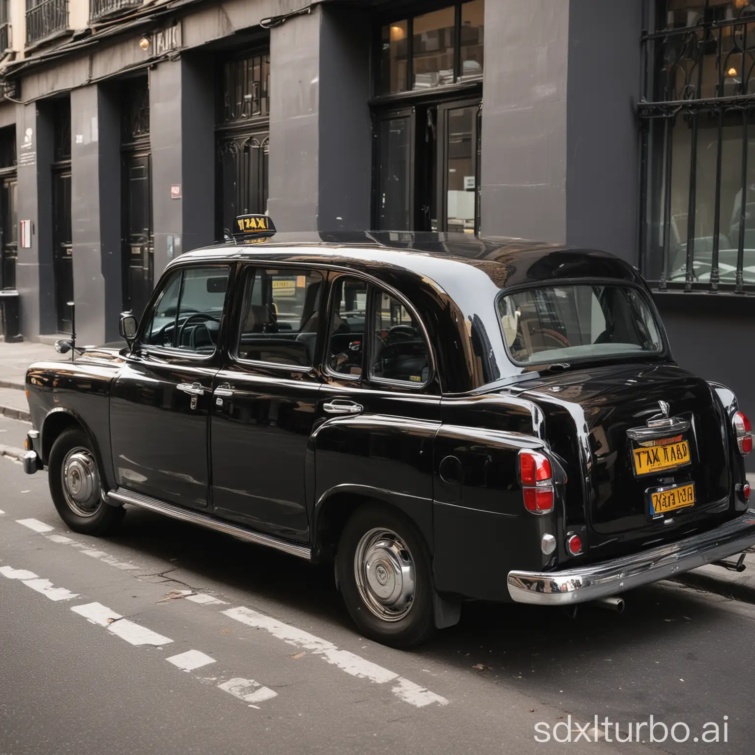 A black taxi cab parked on the side of the road. The taxi is clean and well-maintained, with a shiny black paint job and polished chrome trim. The interior of the taxi is visible through the open door. The back seat is spacious and comfortable, with plenty of room for passengers.