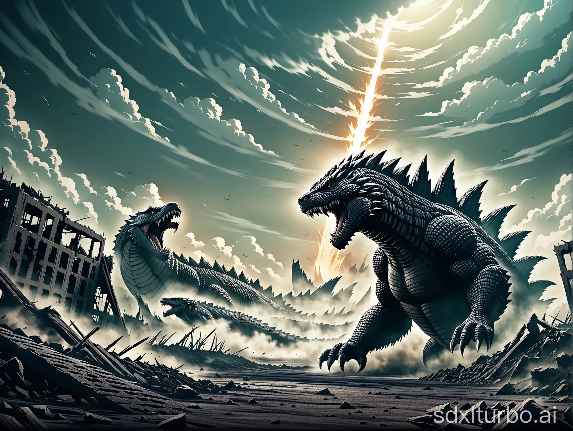 Wasteland style, cinematic quality, photography, surreal, virtual, Godzilla-like monster, beast, invading Earth, fierce expression, destruction, ruins, grand scene