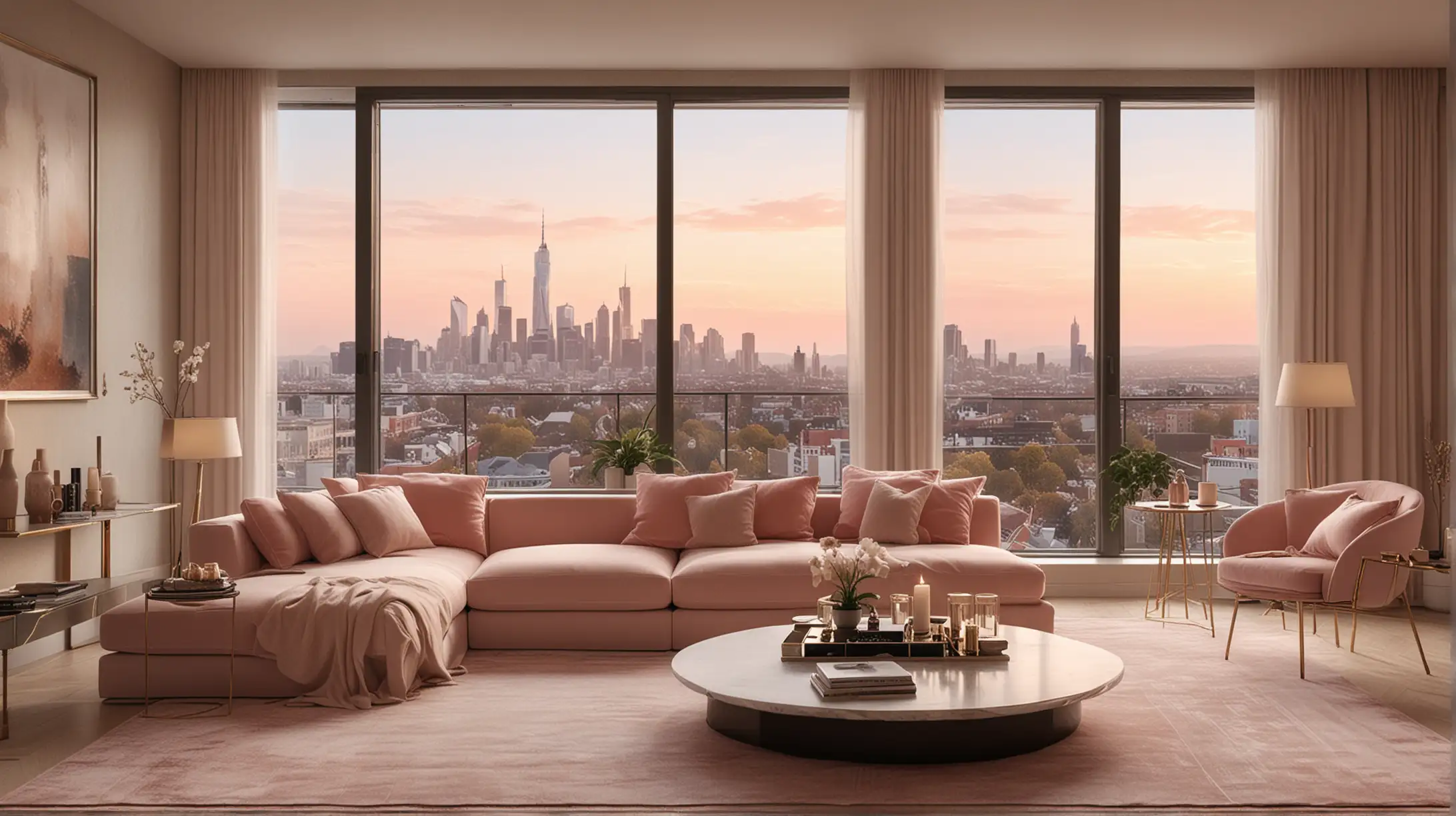 Create a captivating scene of a modern luxury apartment bathed in the soft, warm light of sunrise. The interior features a sophisticated palette dominated by blush pink tones, with floor-to-ceiling windows that offer breathtaking views of the city skyline. In the living area, a stylish coffee table takes center stage, adorned with a flickering candle that adds a touch of warmth and elegance. Highlight the plush furnishings, sleek finishes, and tasteful decor, emphasizing the serene ambiance created by the interplay of natural light and the apartment's refined color scheme. Capture the essence of luxury and tranquility in this chic urban sanctuary.