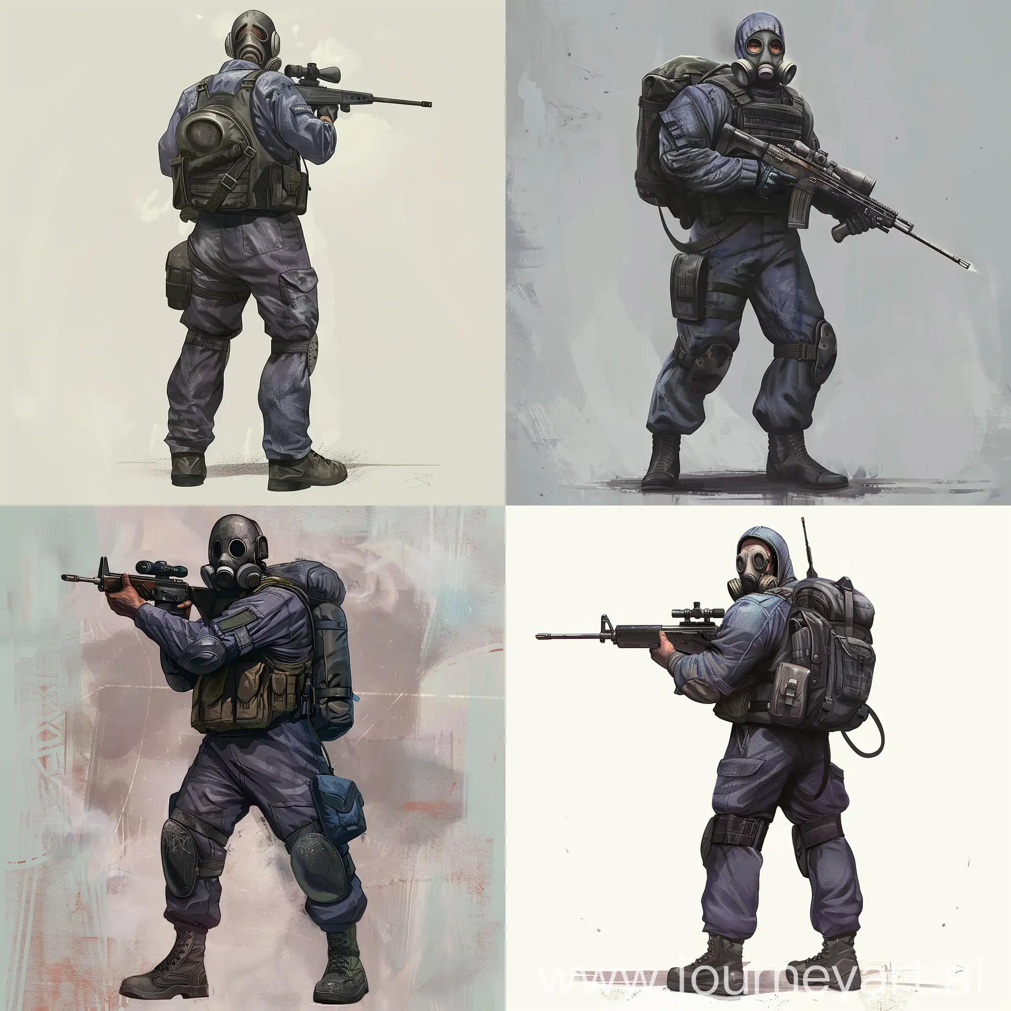 Concept character art, dark purple military jumpsuit, gasmask on his face, small military backpack, military unloading on his body, sniper rifle in his hands.