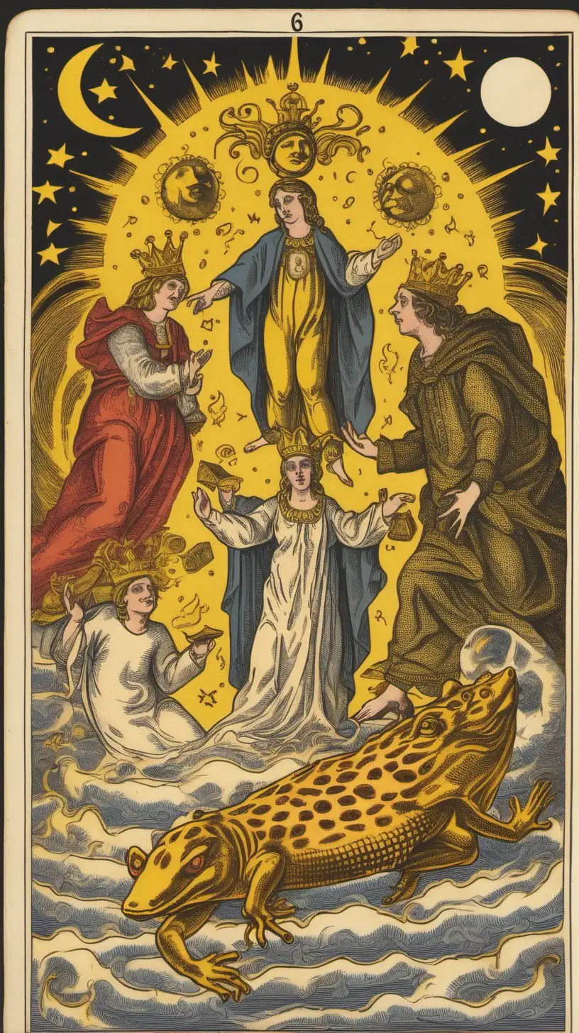 A Tarot card from the Marseille deck, bearing the number 6 in the upper left corner, depicts The Three Transsexual Lovers amidst a captivating tableau, above them, the celestial bodies of the sun, moon, and stars illuminate the scene, within the card, a triangular labyrinth symbolizes the complexities of their journey, against the backdrop of an opera setting, one lover weeps while another exudes laughter, one bears the burden of a heavy weight on their back, while another's feet are engulfed in flames, there is a crocodile, a lemon, a frog, and a piglet, featuring a sea of black milk and chocolate salami.