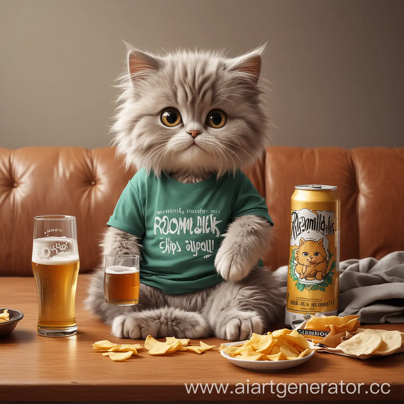 Adorable-Cartoon-Kitty-Relaxing-on-Couch-with-Romuldik-TShirt-Beer-and-Chips