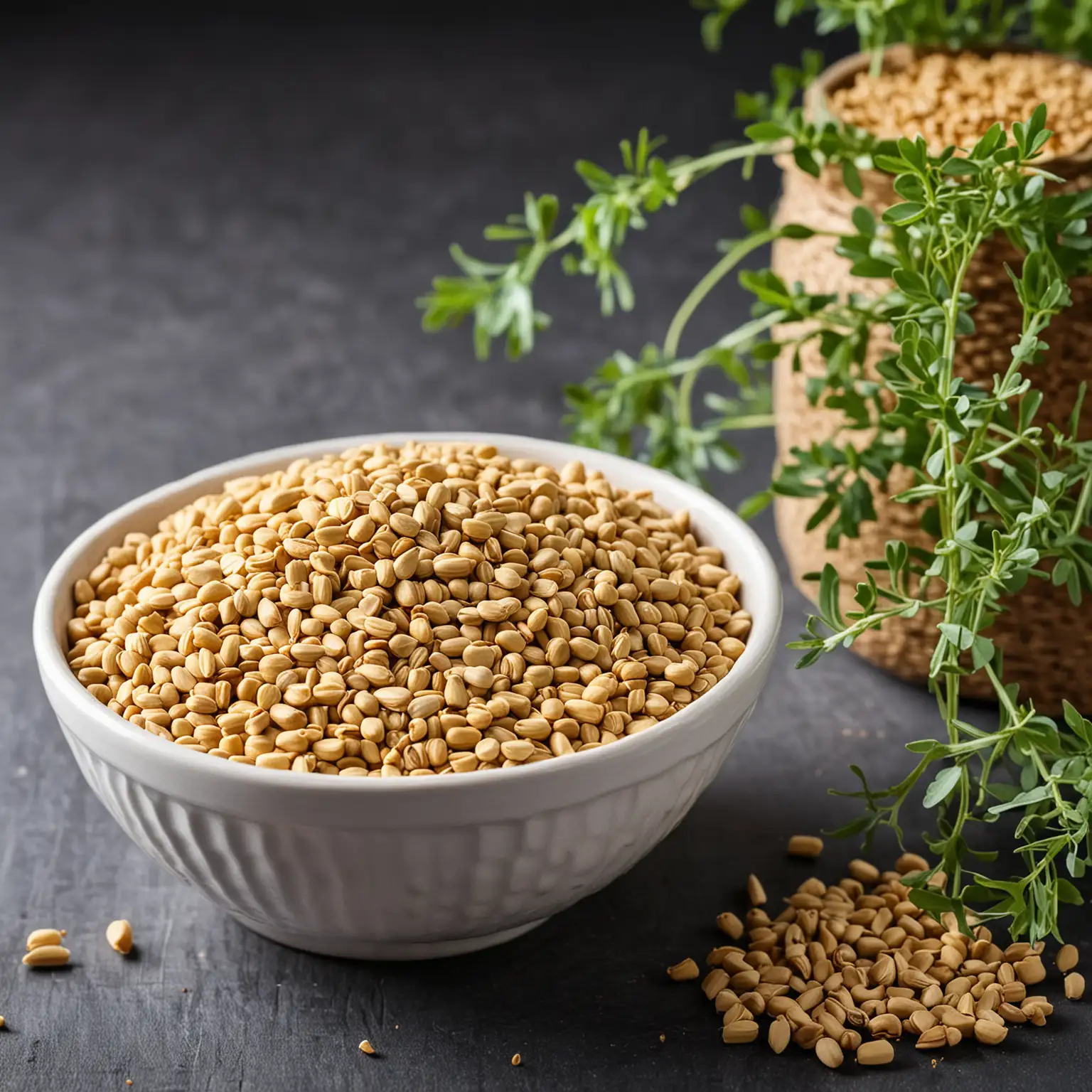 Fenugreek Seeds in Bowl with Growing Plant Background