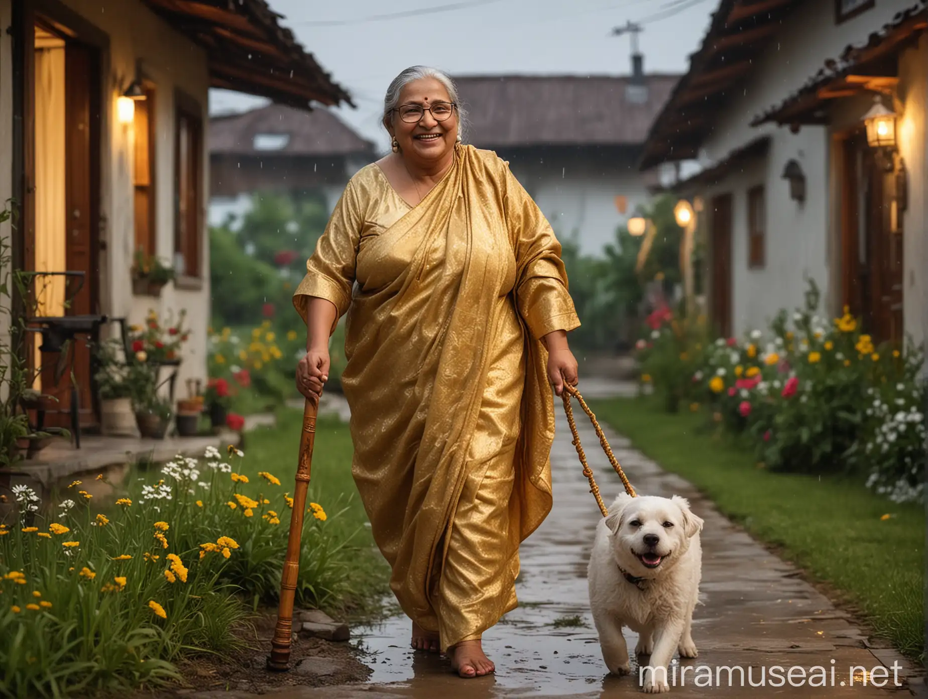 sweet faced old desi  very fat   woman walking with a   wooden walking stick wearing a golden towel  on her body  and a golden neck lace and a spectacles. she is happy and laughing . she is  standing with her dog  . its night  time and in background there is a luxurious farm house  with bulb light and luxurious house   with flowers and grass and concrete floor and its raining. she is wearing golden sleepers on feet.