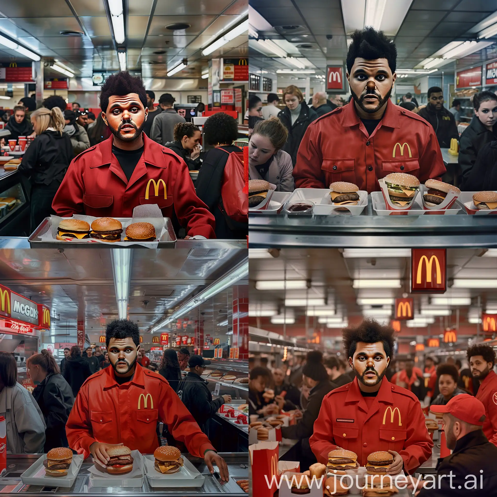 "Experience the hustle and bustle of a busy fast food restaurant through the eyes of The Weeknd
Canadian singer, captured in a hyperrealistic photograph as he serves McDonald's Burgers to customers in his McDonald's uniform." --ar 4:5