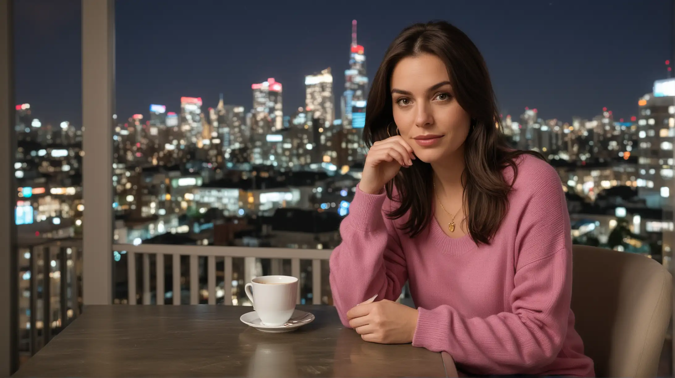 30 year old white woman with long dark brown hair parted to the right, wearing a gold necklace, pink sweater and blue jeans. She is sitting down at a table with a cup of tea, modern high rise apartment background at night