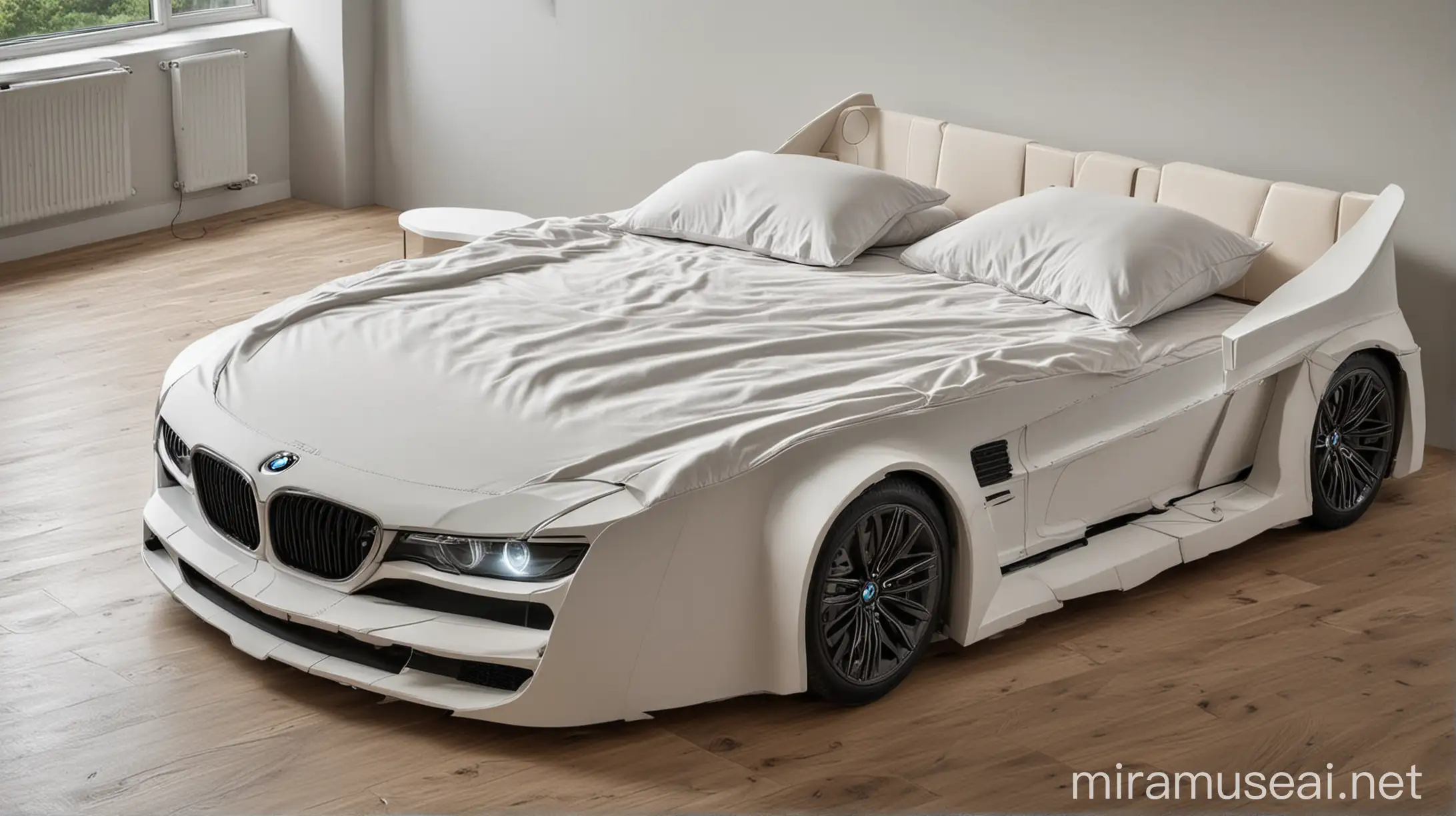 A double bed in the shape of a bmw car.