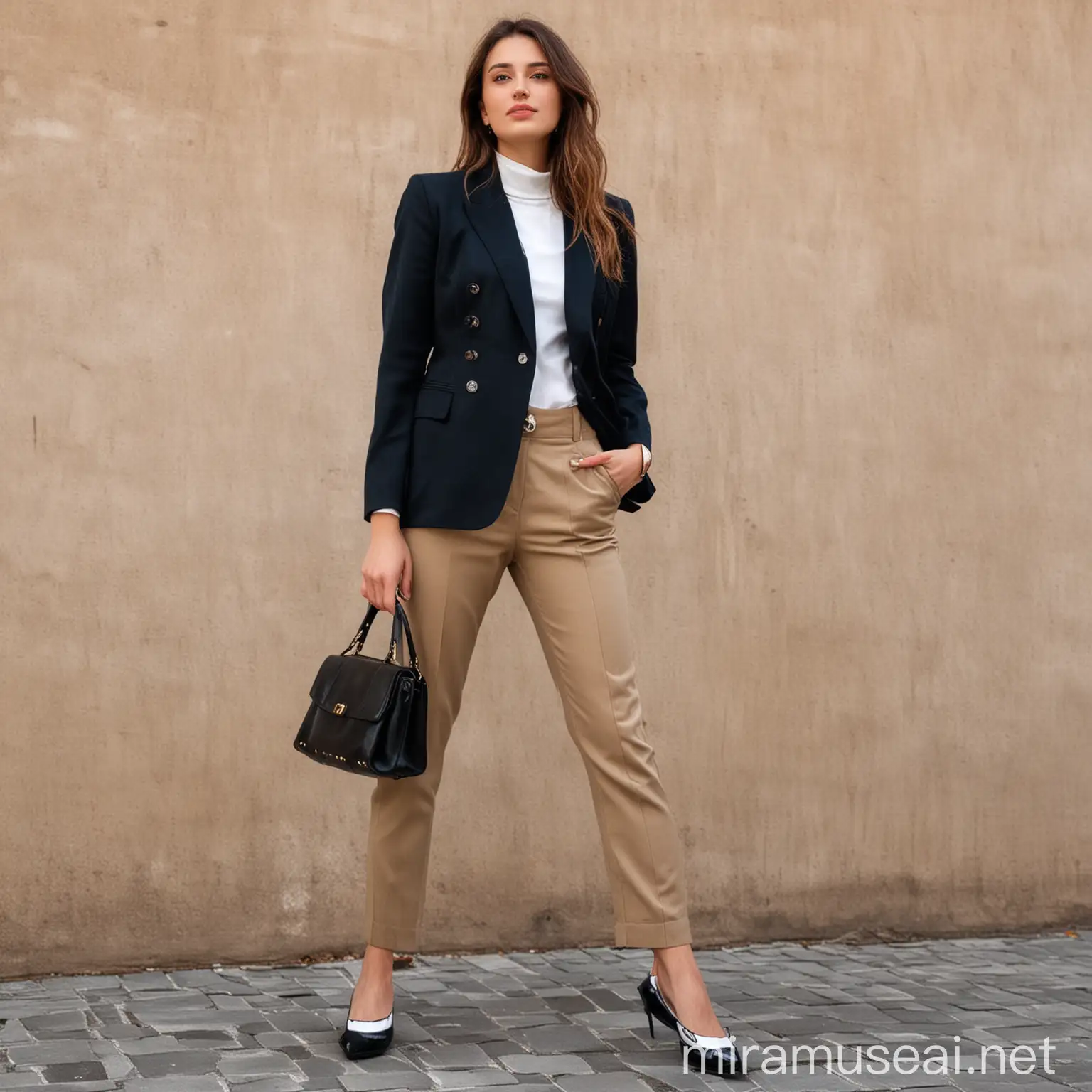 A girl wearing classic pantalon and classic jacket