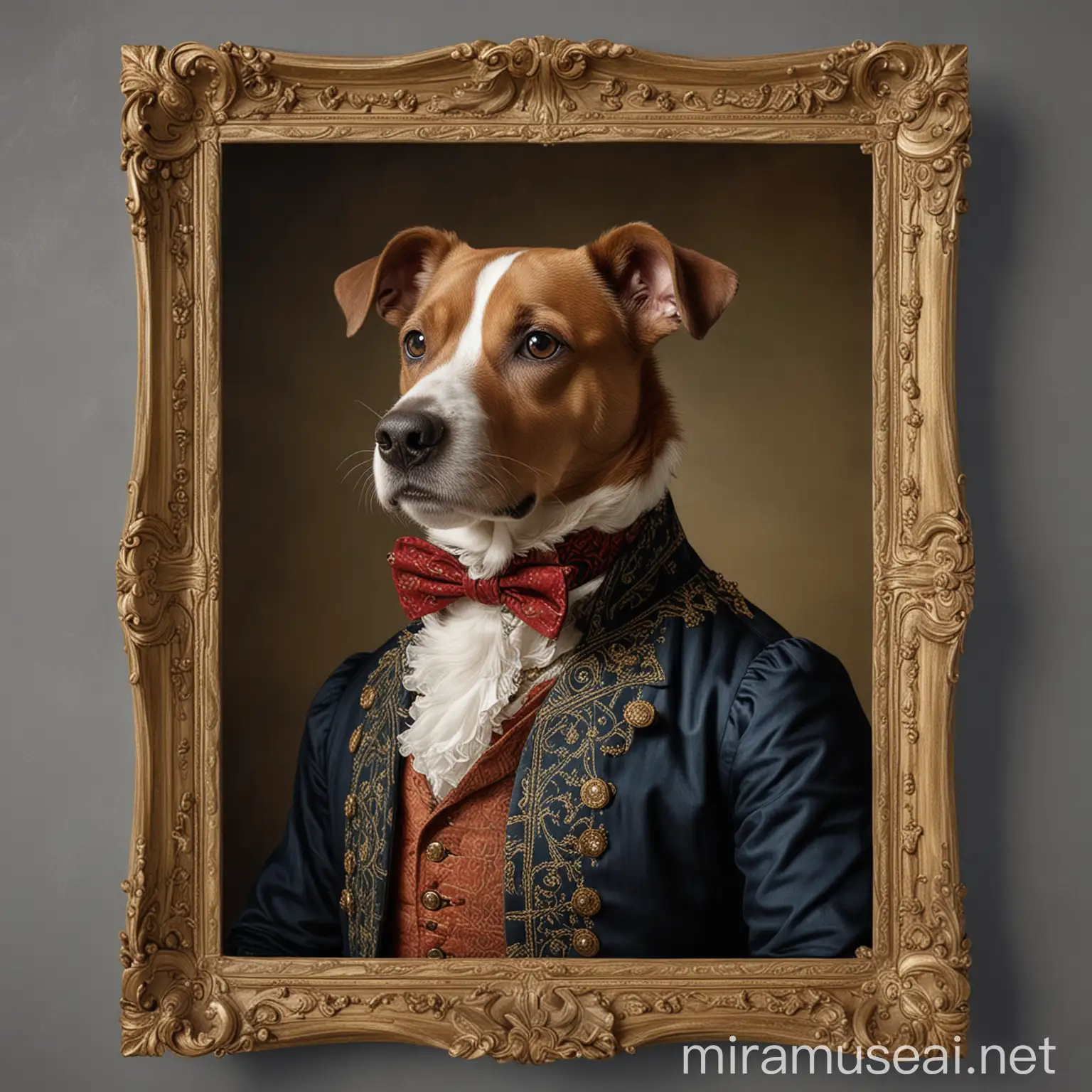 Create a high-quality, visually stunning canvas featuring a dog depicted as a gentelman wearing the clothes of the XVII century gentleman. Draw inspiration from  the historic pictures, incorporating intricate design and craftsmanship. Ensure the entire head, including the top, is fully visible within the frame.
