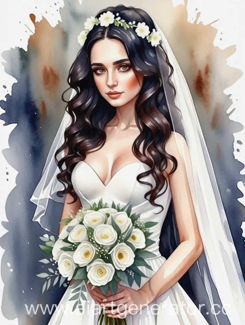 Девушка невеста с черными волнистыми волосами до груди в белом классическом свадебном платье и длинной фатой с карие глазами и с букетом белых цветов картинка в стиле акварель