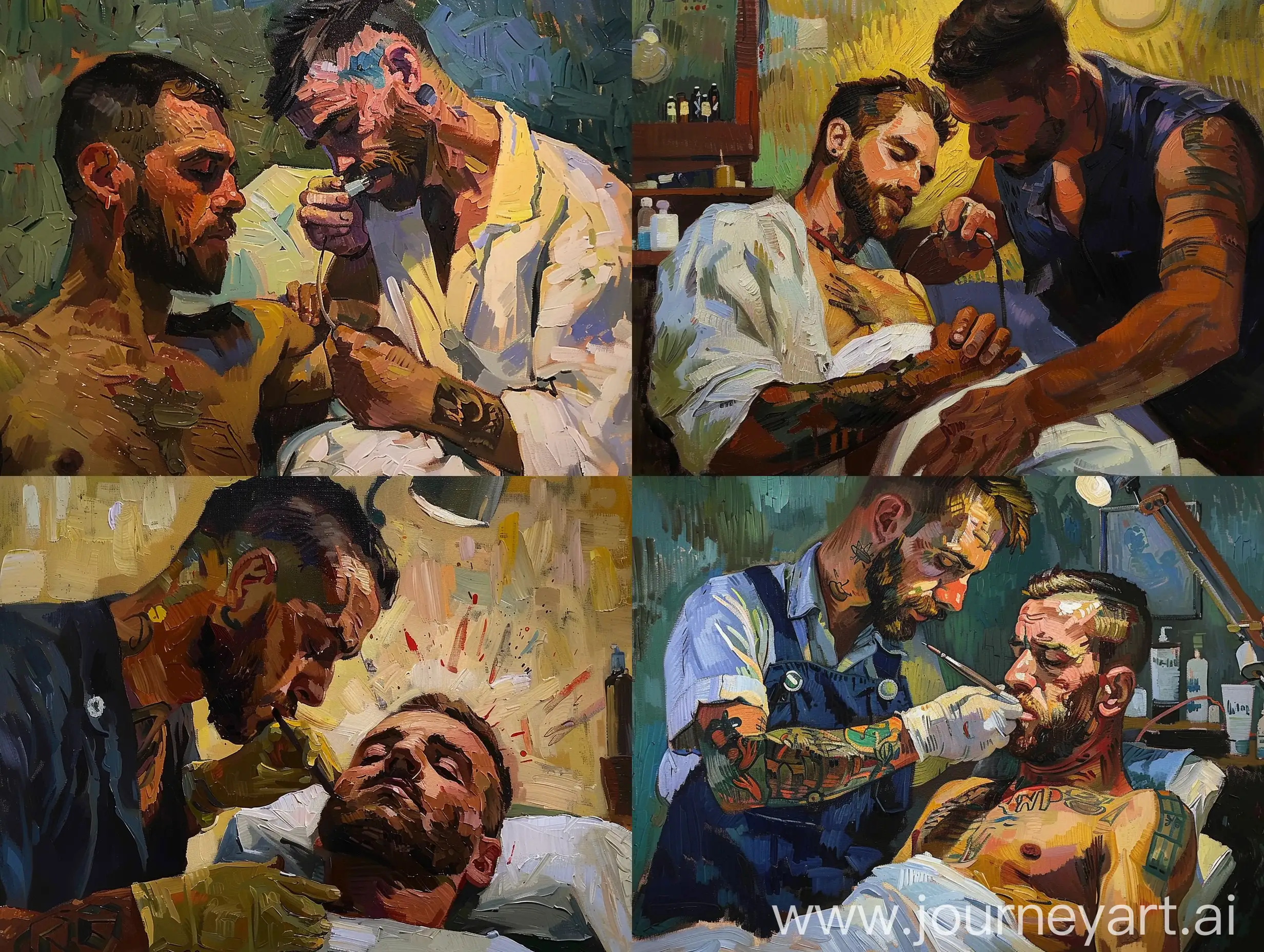 oil painting of man getting tattoo from another man in van gogh