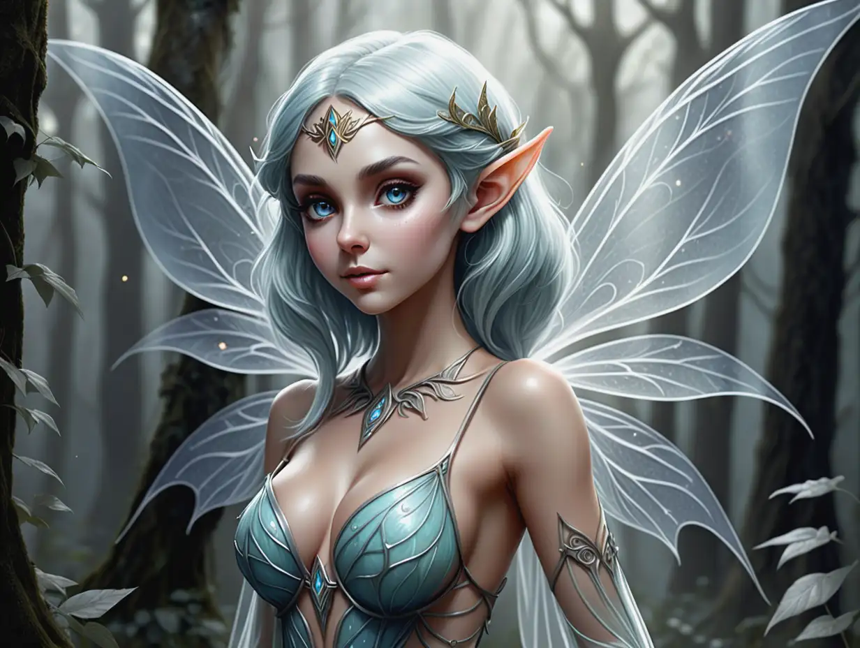 Full-length view, allowing us to see her from head to toe. She is a mature, appealing, and magical, strong and soft female figure with elf and fairy features, featuring a well-defined, strong face with a touch of fantasy. Her hair is pastel blue, cut into a stylish short bob that frames her face. She has the characteristic pointed ears of an elf, sticking out slightly from the sides of her head. Her face exhibits gentle and mature features, with large, expressive eyes that carry an anime inspiration, contributing to her ethereal charm. Delicate twinkles resembling fairy dust decorate her left cheek, suggesting a magical aspect to her being. Her body measurements are 36-24-35.2, and she is wearing a fully thin, pointy, perfect dress that highlights her 36 size breasts. A pair of large, translucent fairy wings emerge from her back, with a detailed structure that looks both delicate and strong. The wings have a vein-like pattern, indicative of typical fairy wings, which adds to her fantastical appearance. The background is a magical, sensual forest full of amazing magical things, depicted in a fractal style with linear black and white backgrounds, simple black lines and white background, zodiac symbols of The Scales, and a drawing in bold line white background, in the style of Naranjalidad illustrator with flairs of colors.