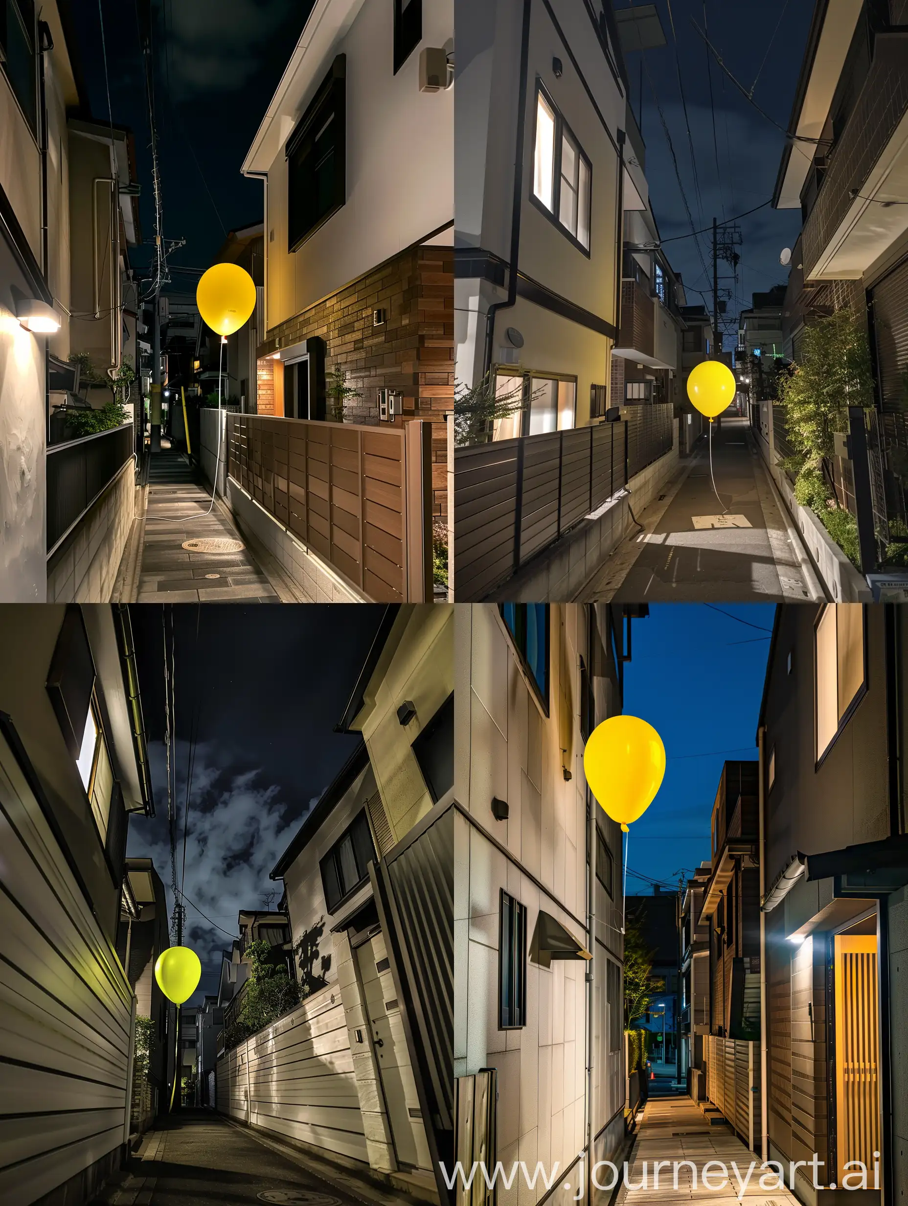 Phone photo. First-person perspective. Yellow Balloon walking in one of Tokyo's night lanes, modern houses, fine details, very high details, more details, very high quality --s 0 --style raw --no filters,effects,humans,Statues,dolls,birds,animals,insects,Living-organisms --q 2