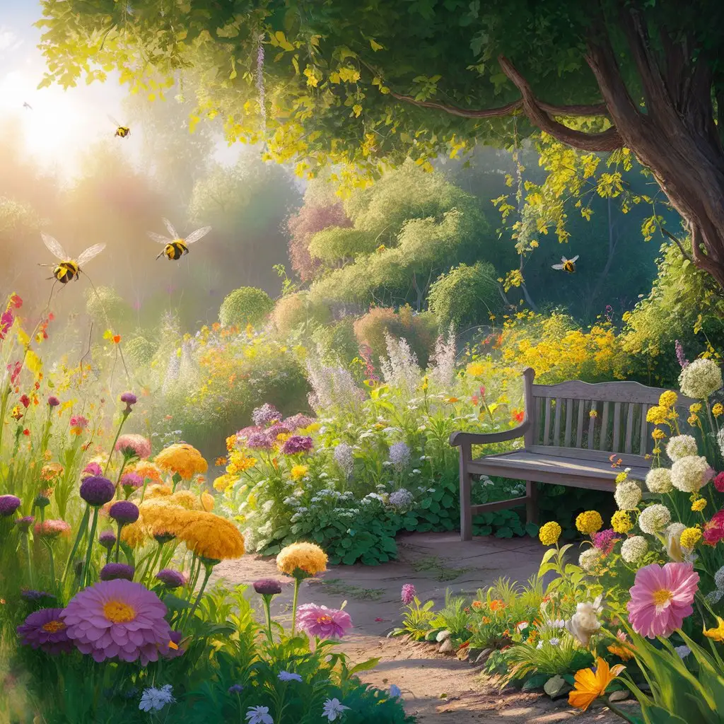 Ein friedlicher Garten voller bunter Blumen und summender Bienen.