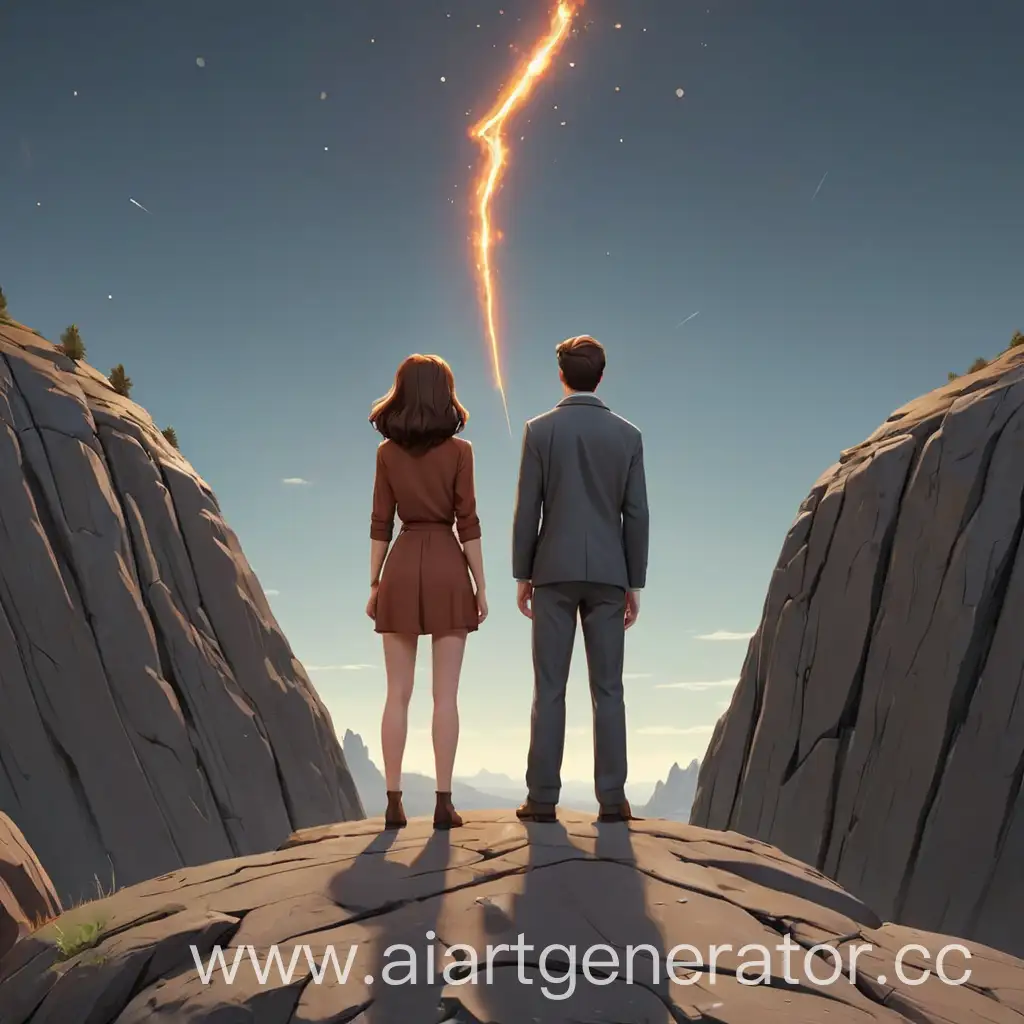 cartoonish man and woman stand back to the camera on the edge of a cliff and watch the fall of a meteorite 3D