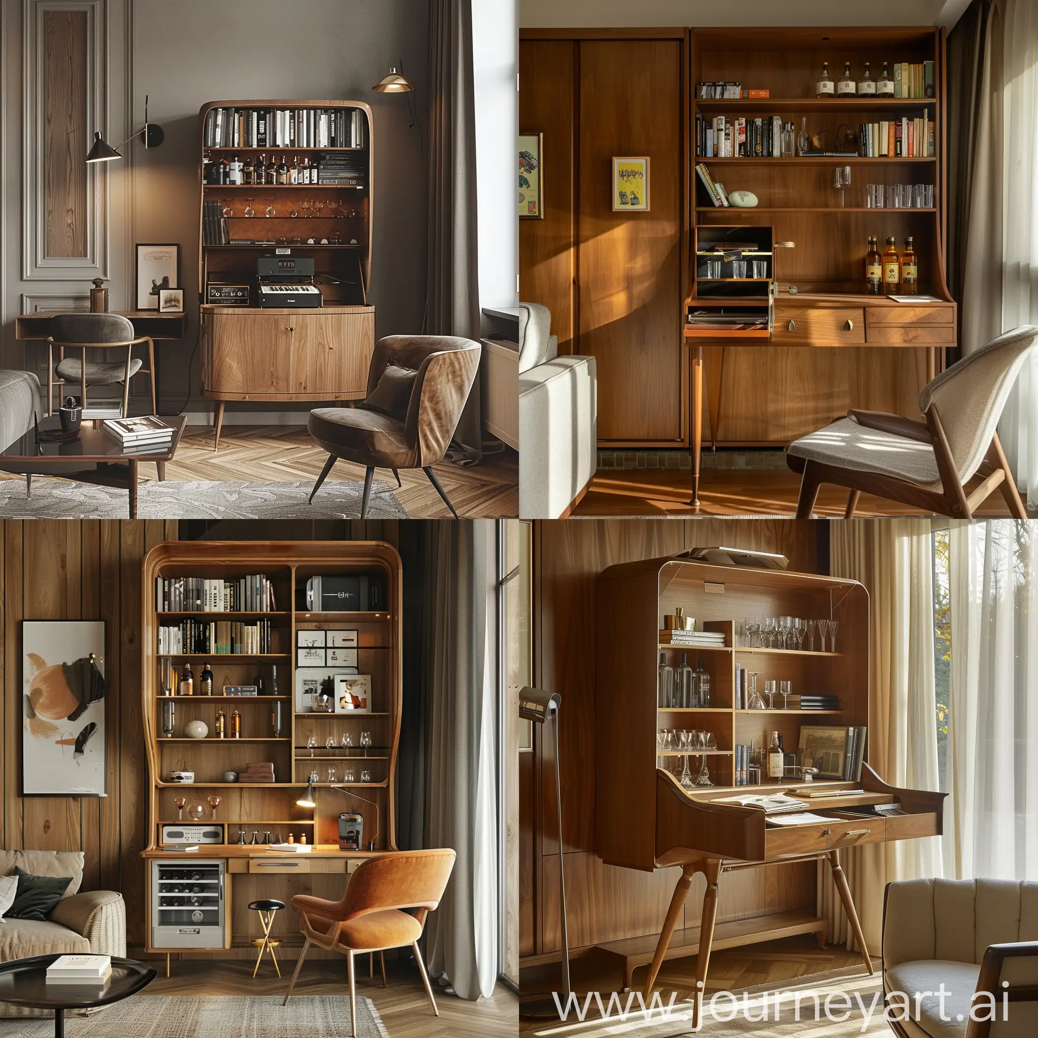 MidCentury-Living-Room-Interior-with-Bookcase-Stylish-Desk-and-Minibar