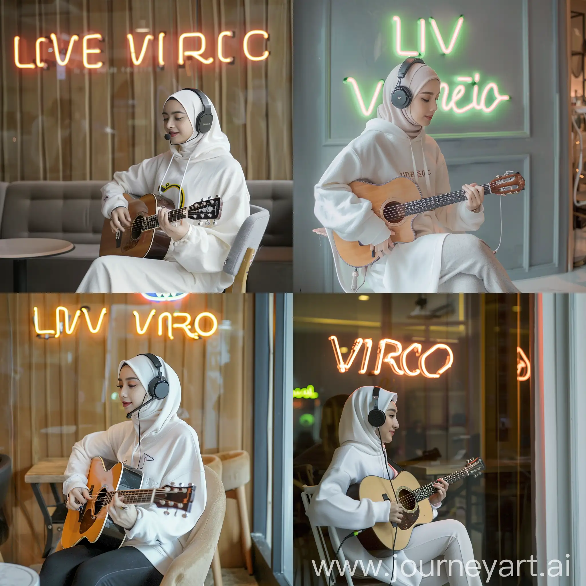 A beautiful Indonesian hijab woman 20yo sitting on the chair perform music in the coffee shop playing an accoustic, wearing a headset and white long hoodie named 'VIRGO', the background is the wall with neon led 'live music' --v 6 --ar 1:1 --no 71996