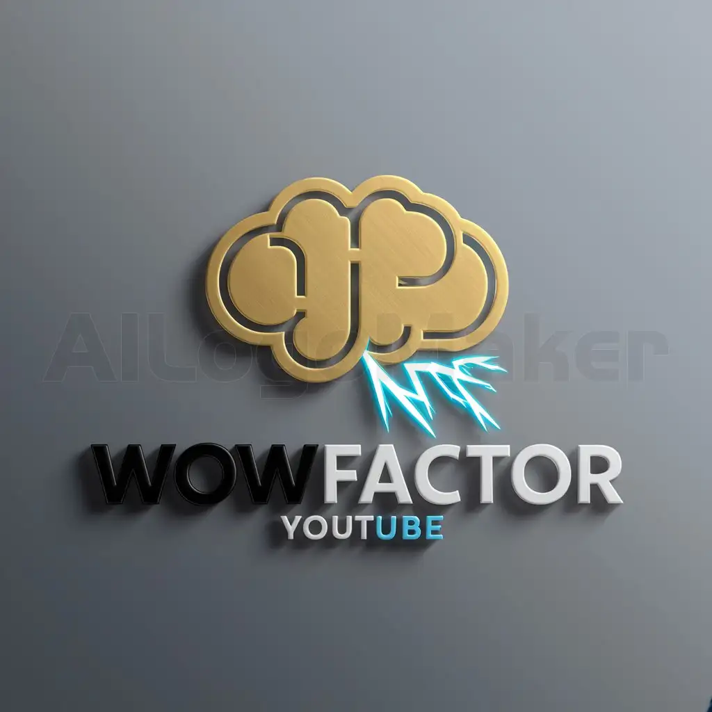 a logo design,with the text "WowFactor", main symbol:A golden brain with lighting coming from the bottom of it make the background color Grey and the brain less realistic,Moderate,be used in Youtube industry,clear background