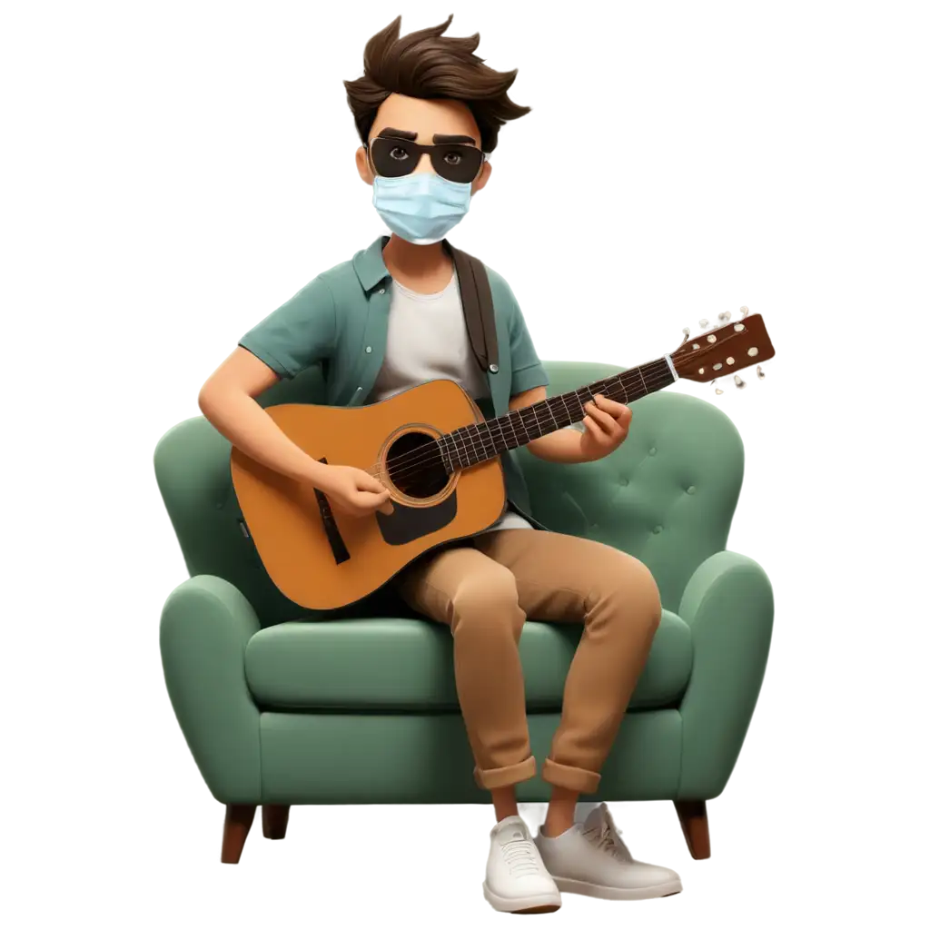 Cowok kartun 2d pakai masker duduk sambil main gitar di sofa
