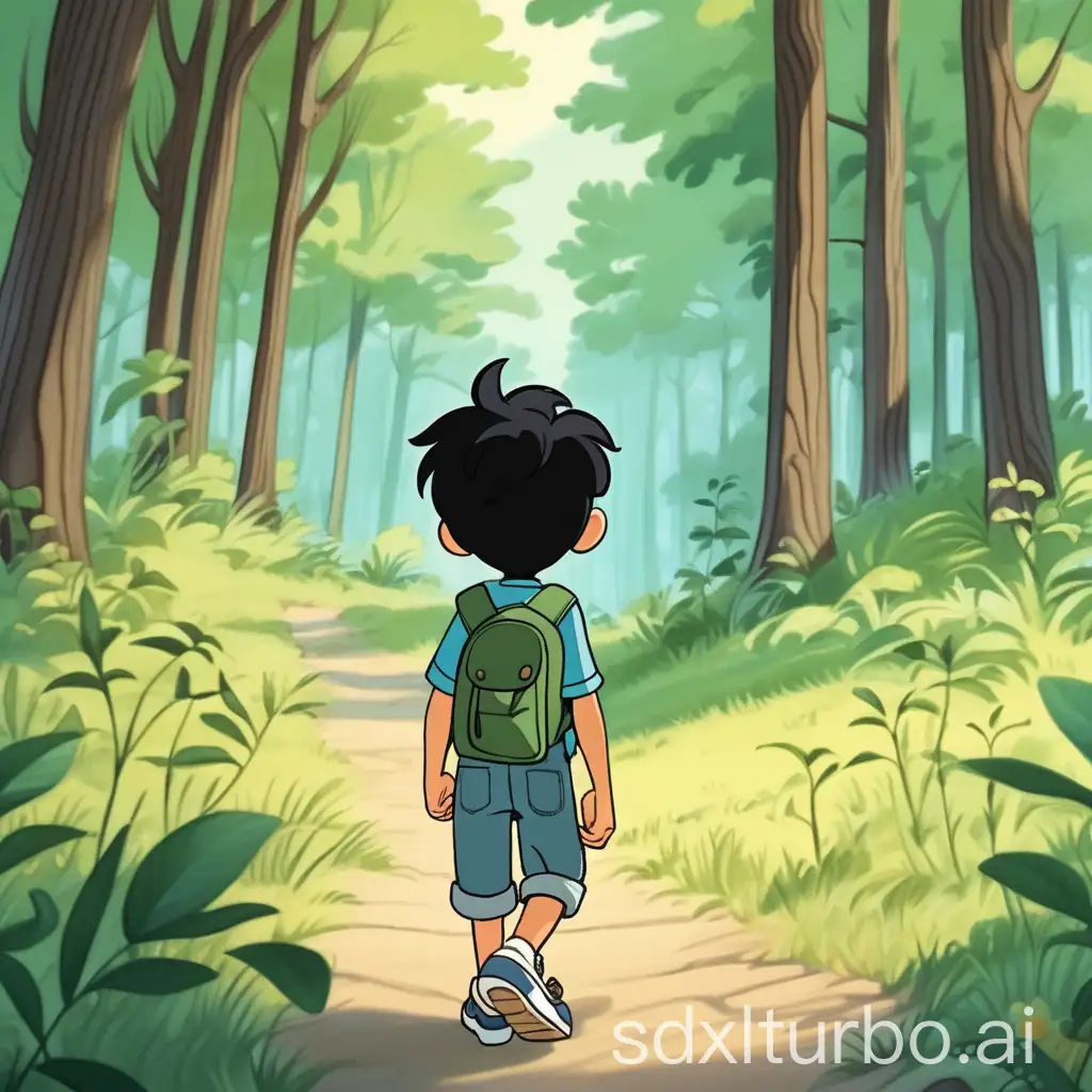 cartoon black-haired boy turned back to us is walking in the forest