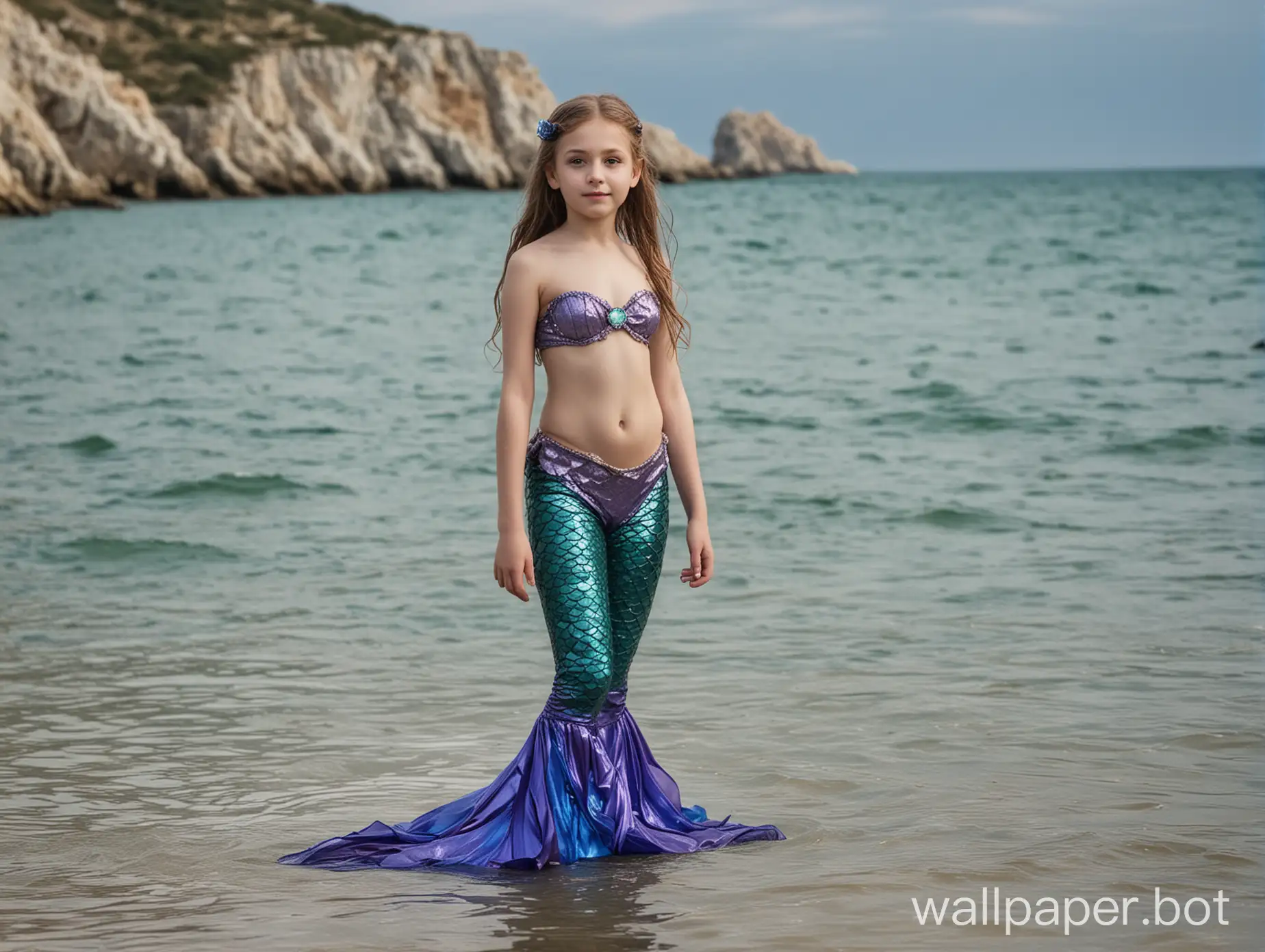 half-naked girl 10 years old in the image of a mermaid, full height, cosplay, Crimea, sea view