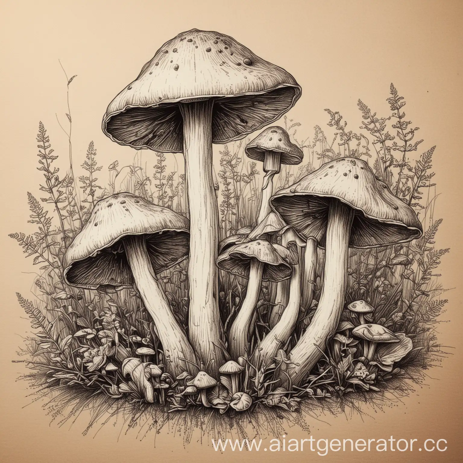 psilocybin mushrooms, sketch drawing

