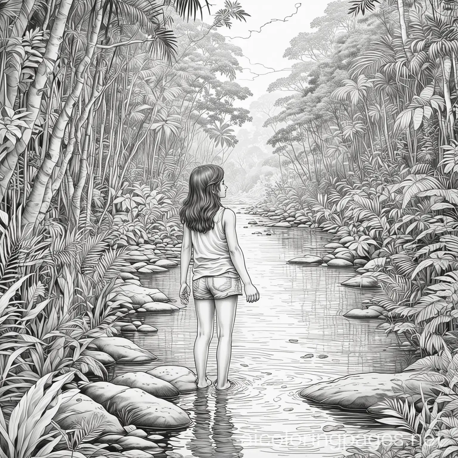 a girl in a jungle with a river , Coloring Page, black and white, line art, white background, Simplicity, Ample White Space. The background of the coloring page is plain white to make it easy for young children to color within the lines. The outlines of all the subjects are easy to distinguish, making it simple for kids to color without too much difficulty
