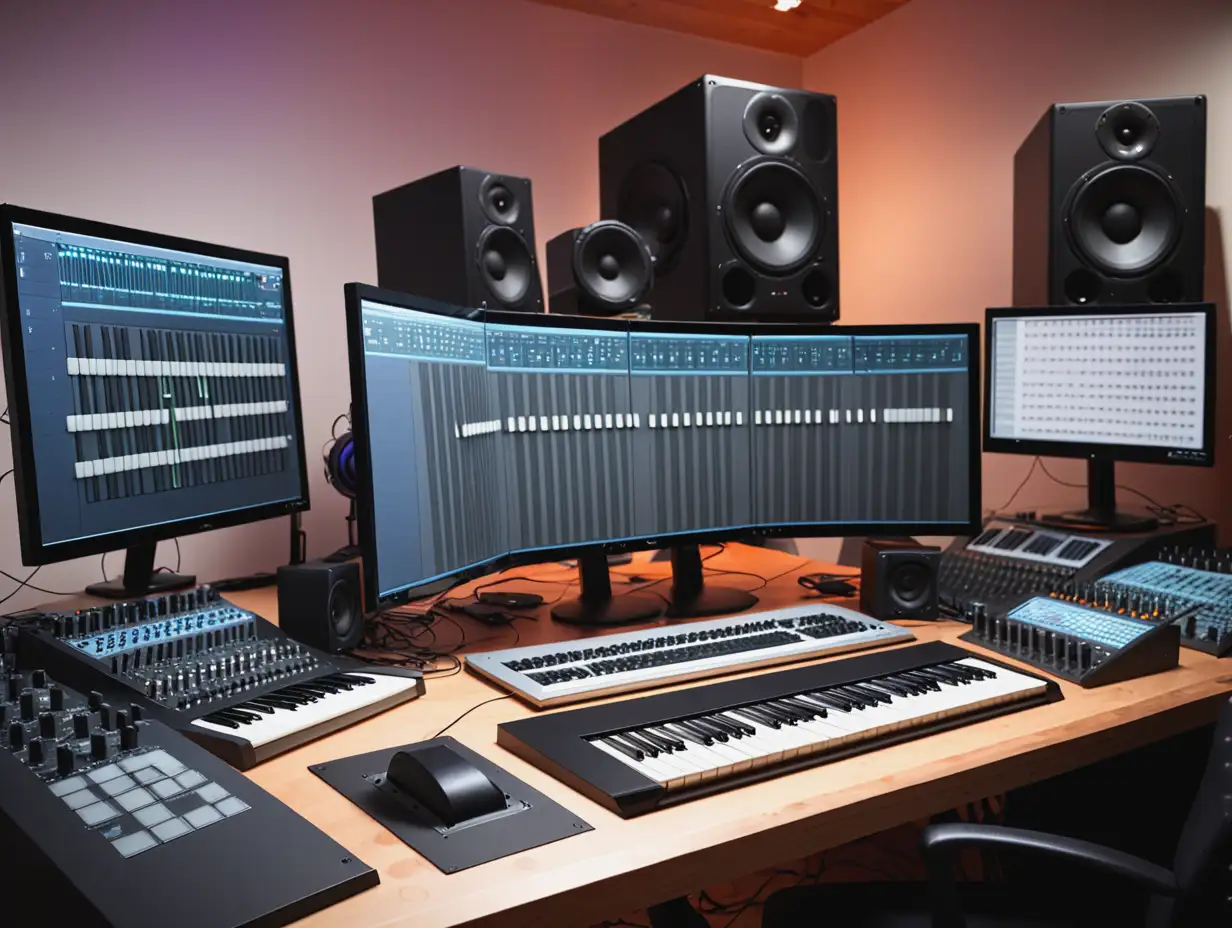 Computer Writing Music in a Music Studio Scene